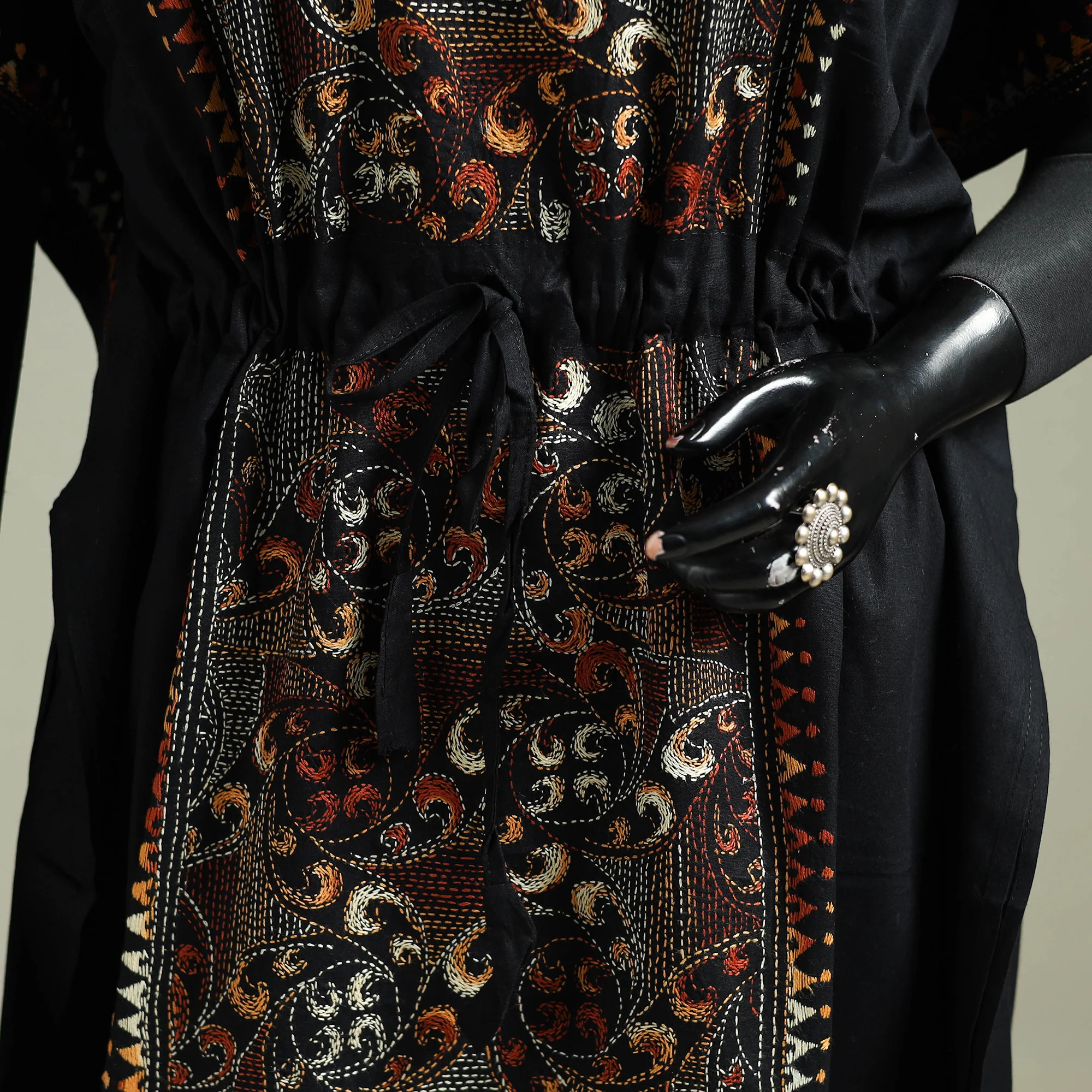 Black - Bengal Kantha Hand Embroidery Cotton Long Kaftan 20 - Image 3