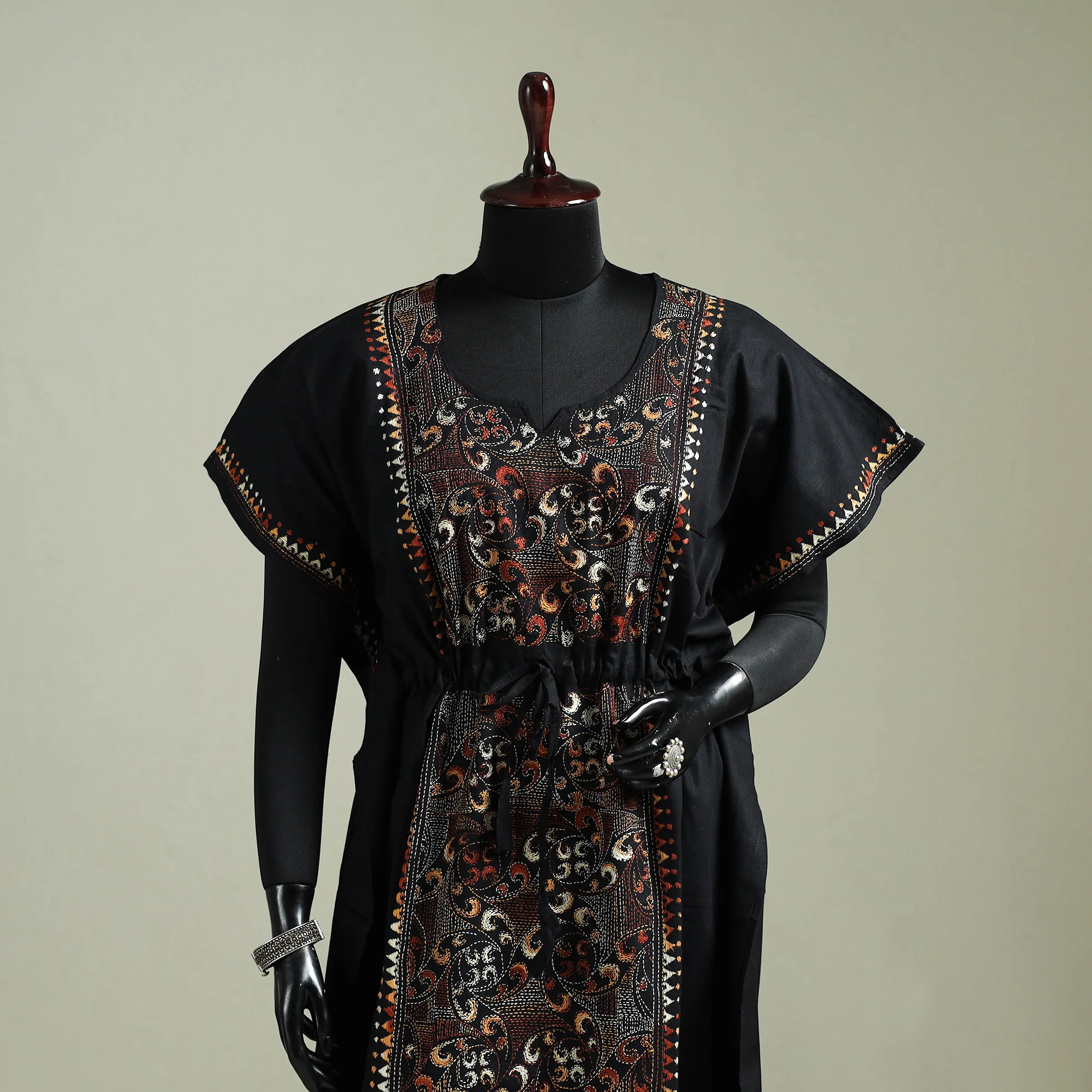 Black - Bengal Kantha Hand Embroidery Cotton Long Kaftan 20 - Image 4
