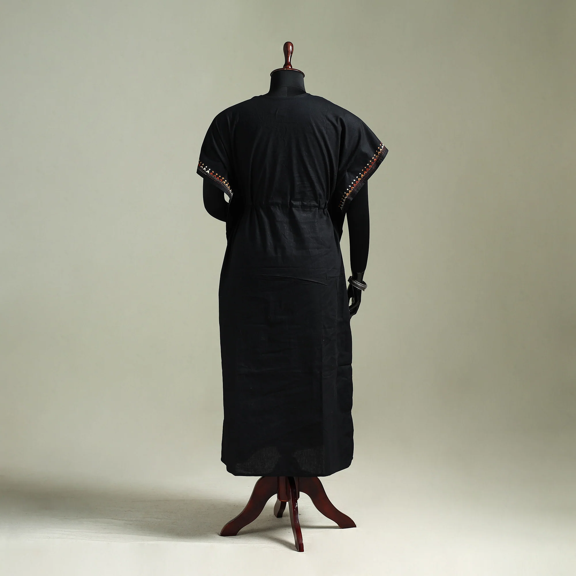 Black - Bengal Kantha Hand Embroidery Cotton Long Kaftan 20 - Image 5