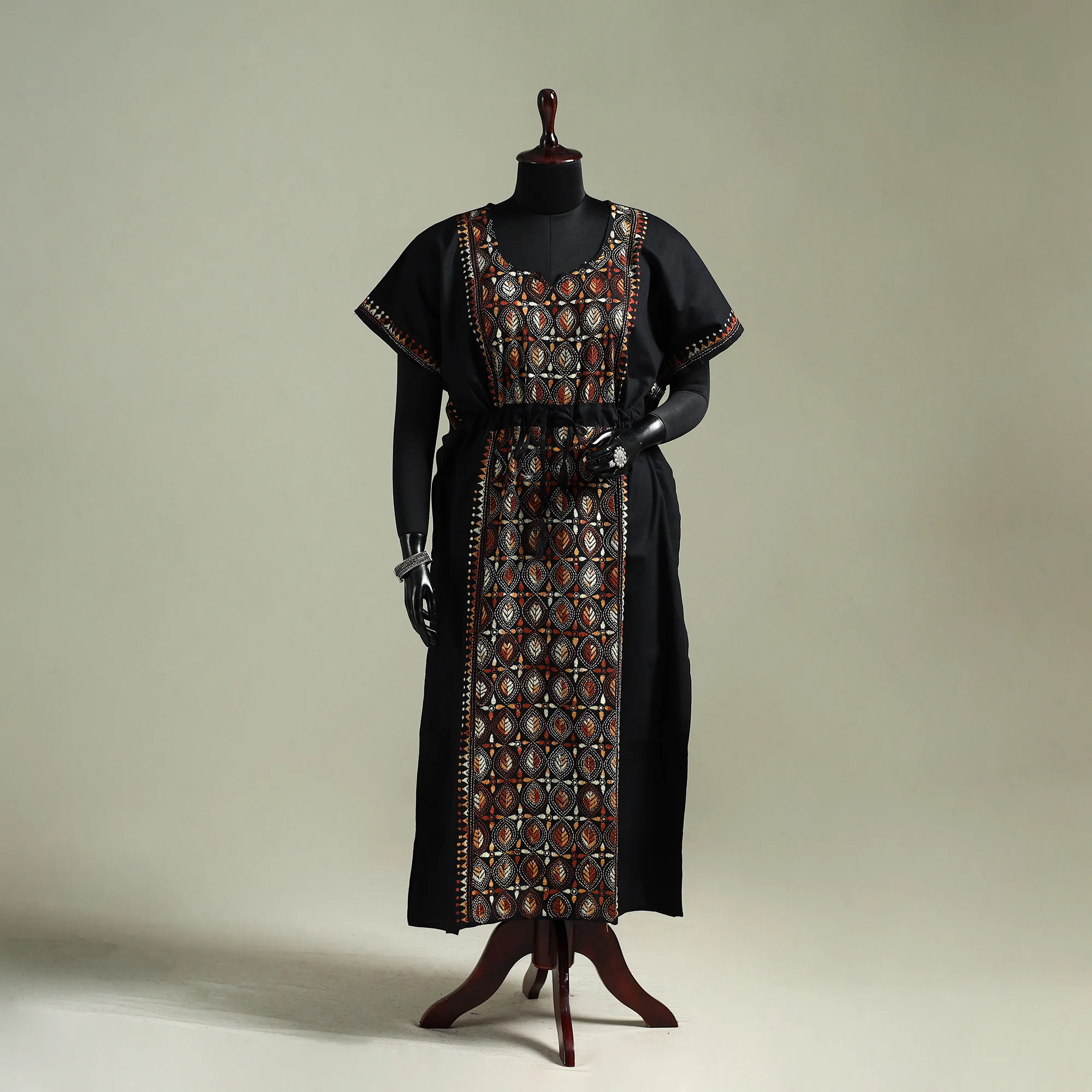 Black - Bengal Kantha Hand Embroidery Cotton Long Kaftan 21