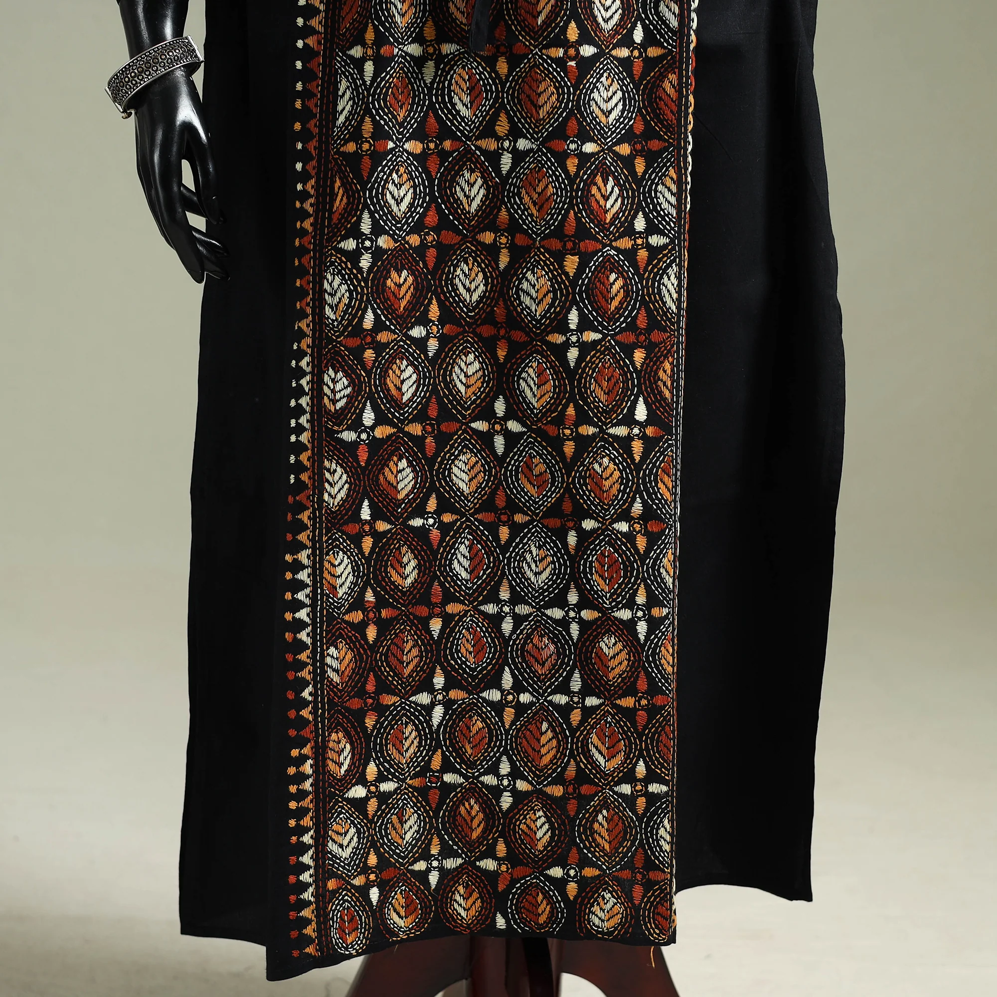 Black - Bengal Kantha Hand Embroidery Cotton Long Kaftan 21 - Image 2