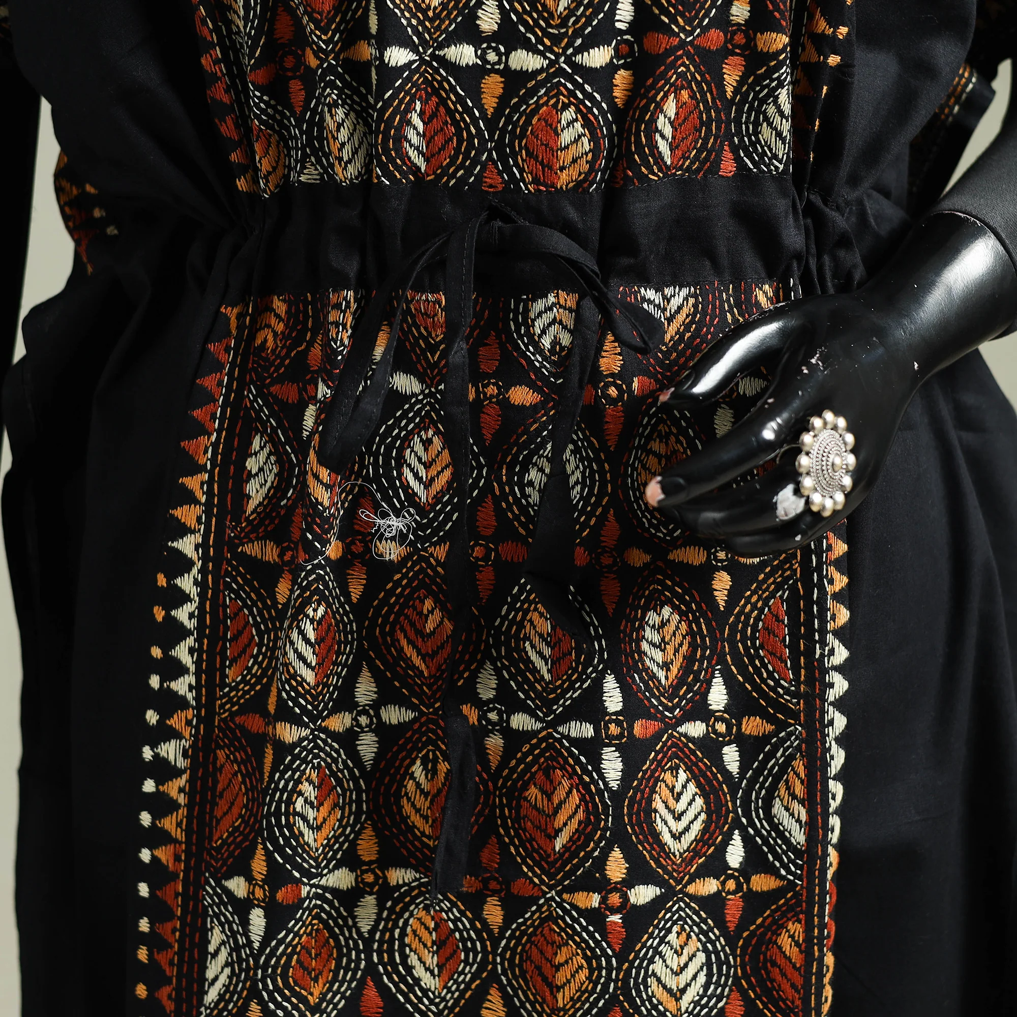 Black - Bengal Kantha Hand Embroidery Cotton Long Kaftan 21 - Image 3