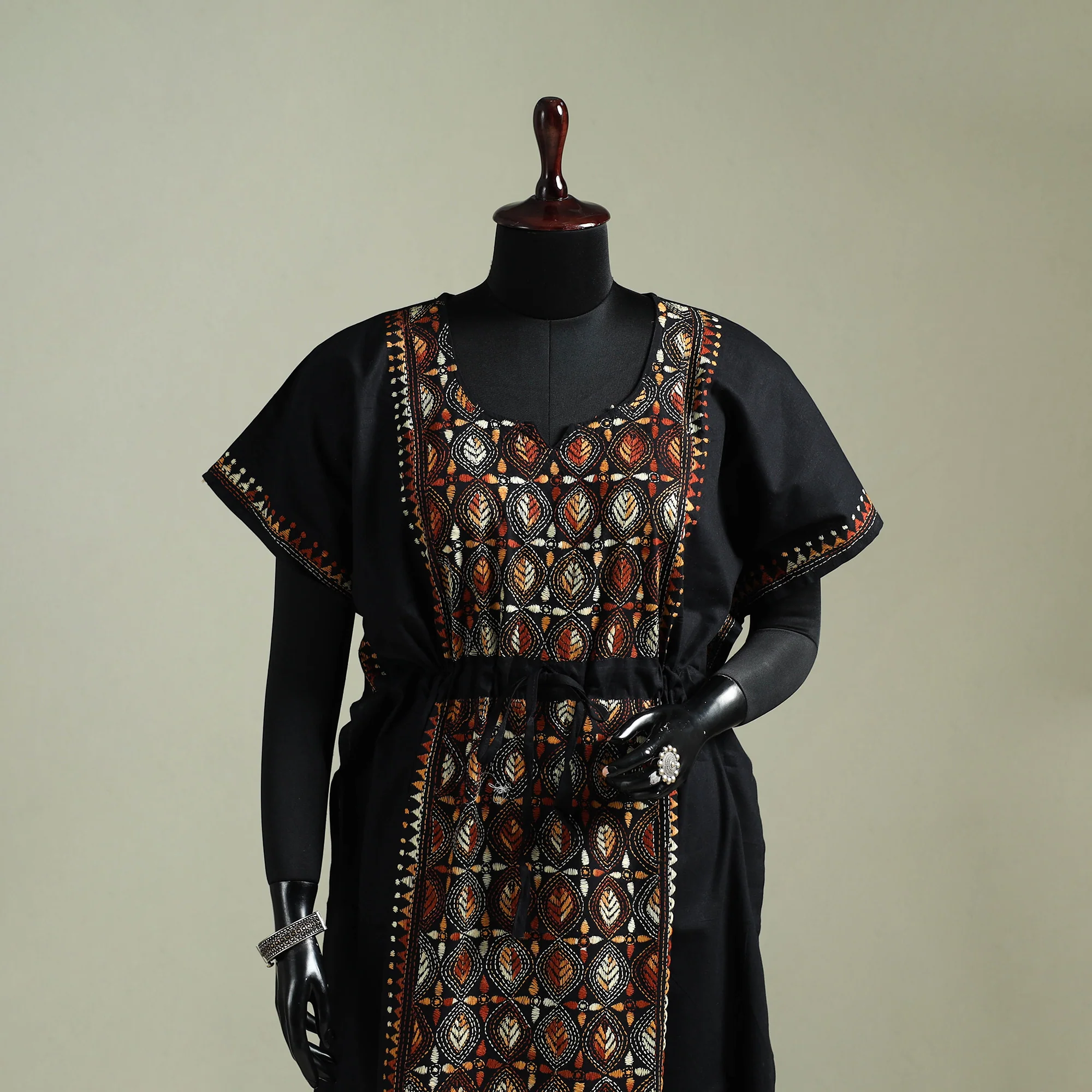 Black - Bengal Kantha Hand Embroidery Cotton Long Kaftan 21 - Image 4