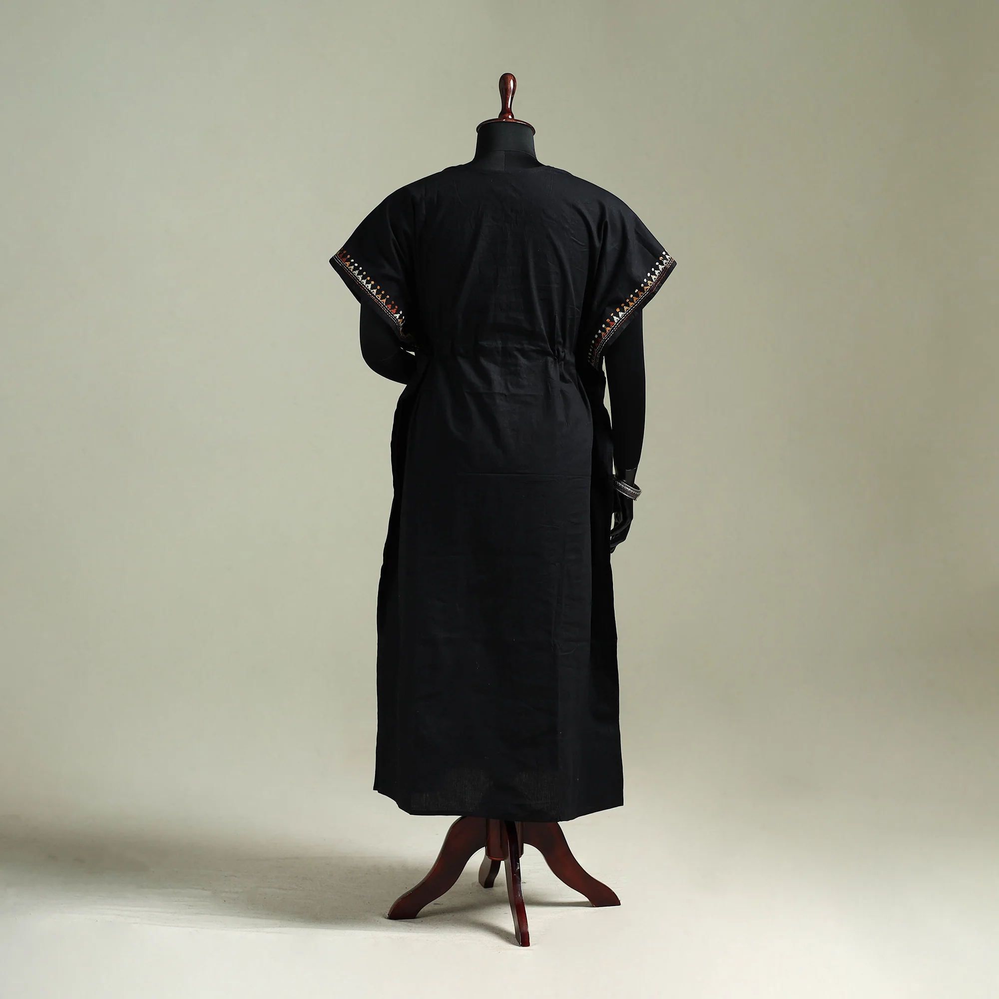 Black - Bengal Kantha Hand Embroidery Cotton Long Kaftan 21 - Image 5