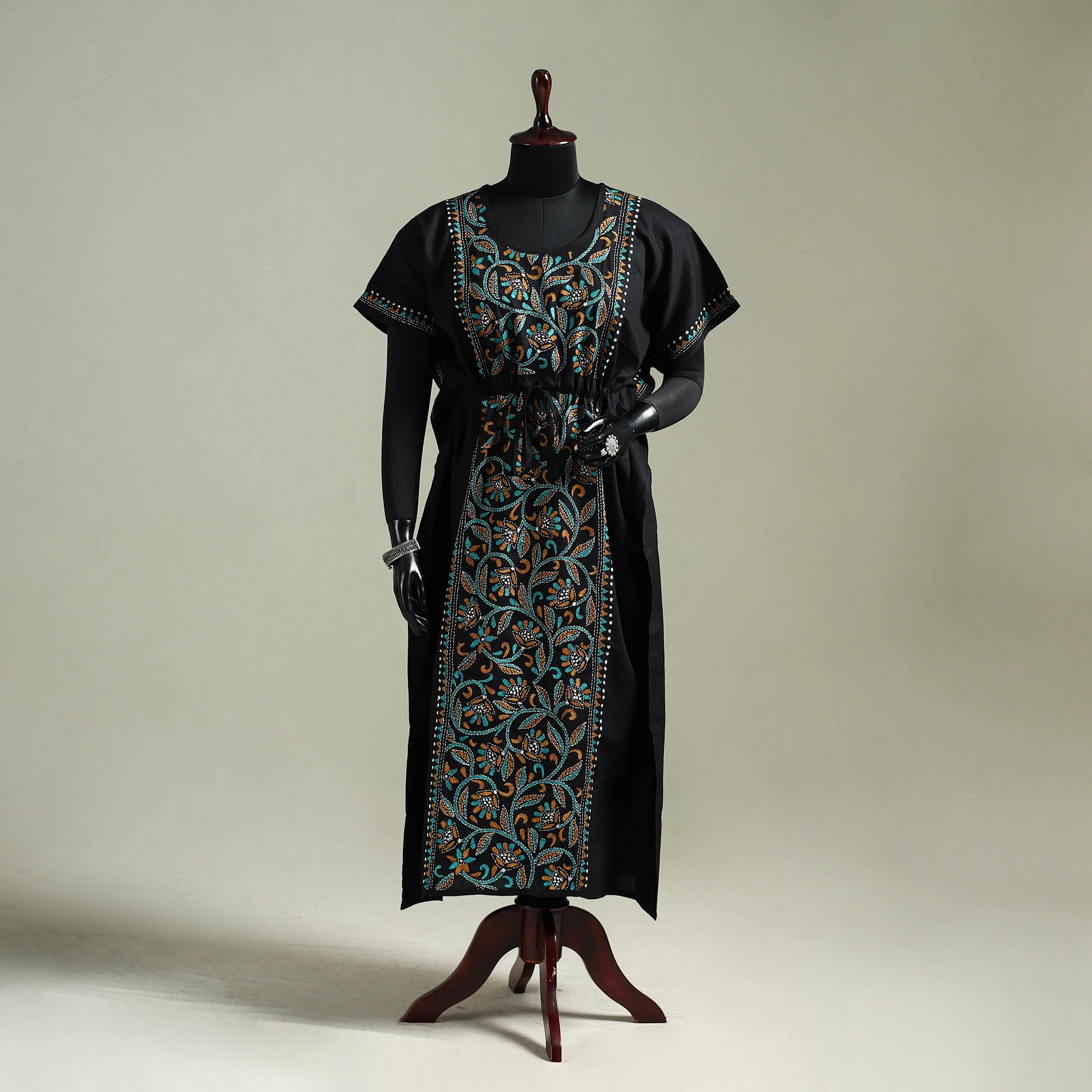 Black - Bengal Kantha Hand Embroidery Cotton Long Kaftan 22