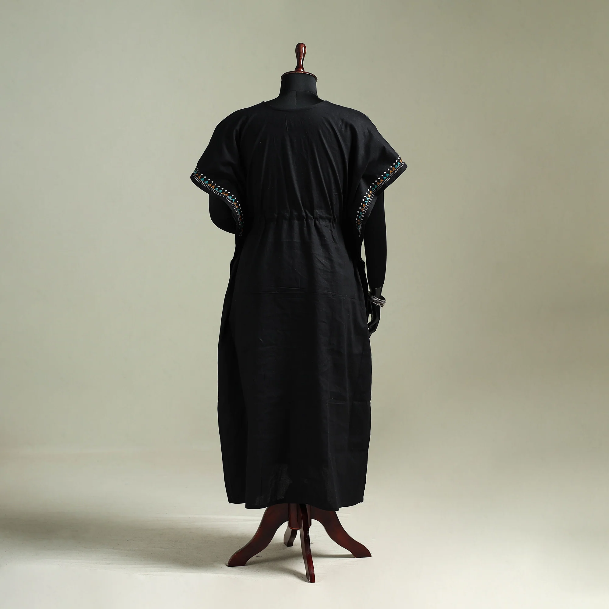 Black - Bengal Kantha Hand Embroidery Cotton Long Kaftan 22 - Image 5