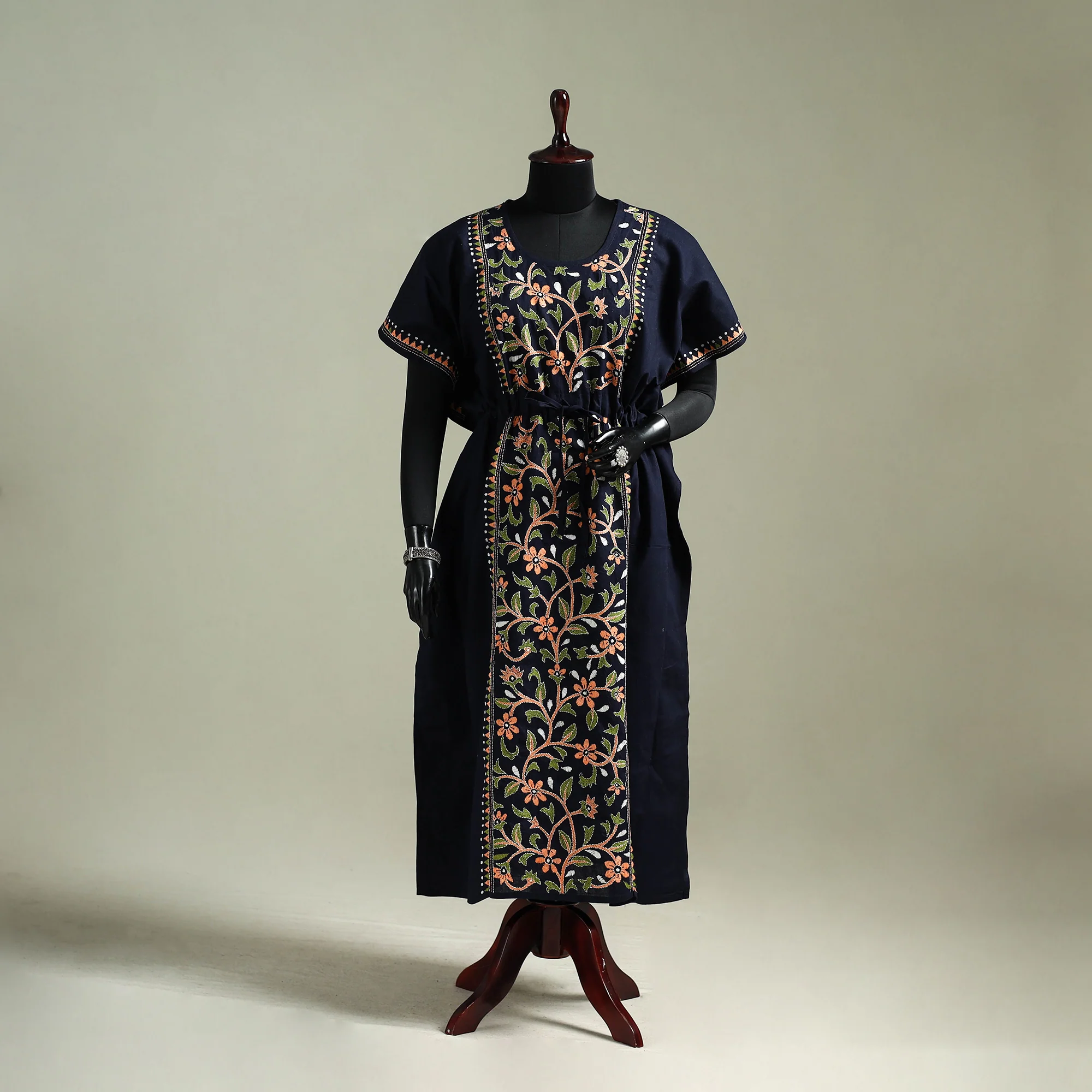 Black - Bengal Kantha Hand Embroidery Cotton Long Kaftan 23