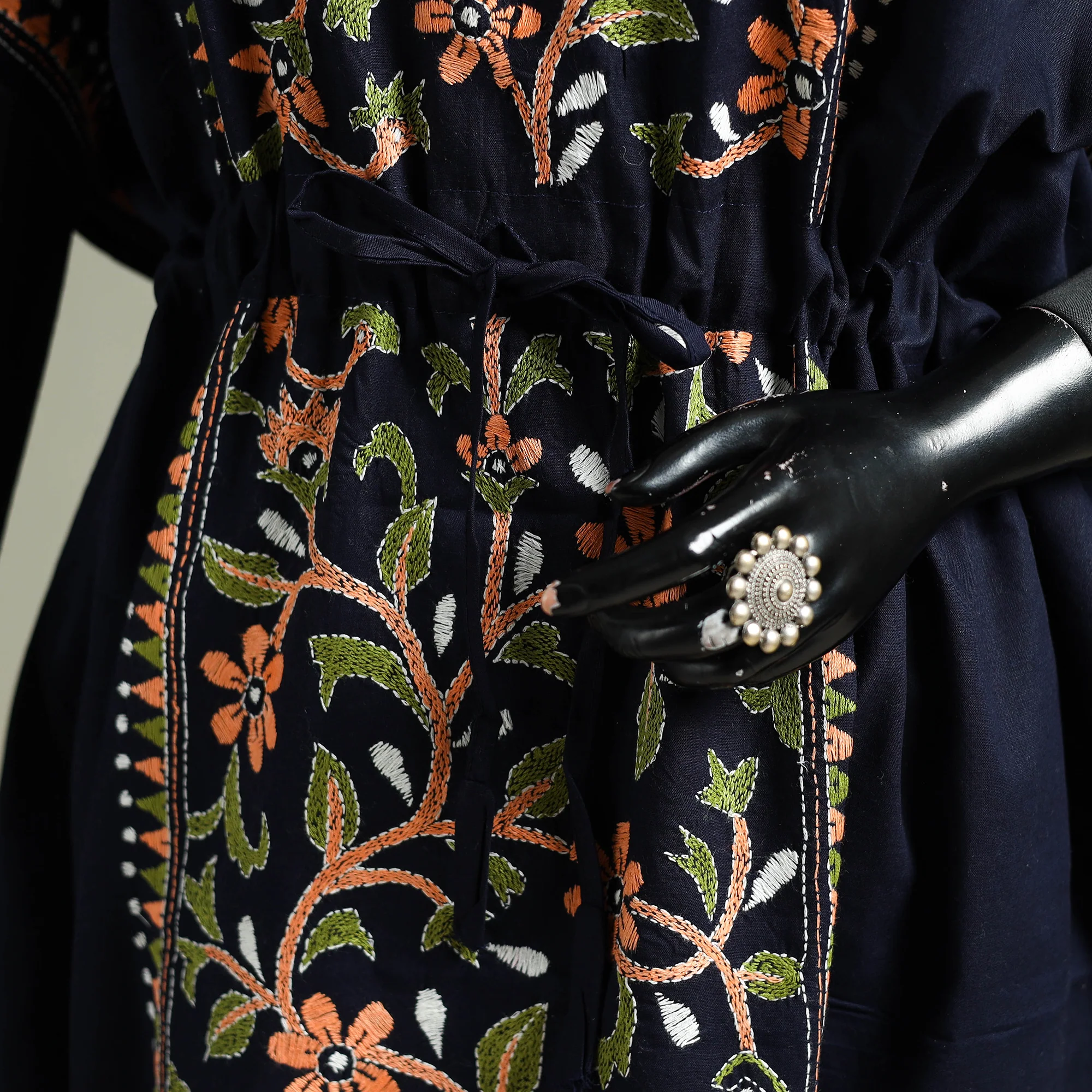 Black - Bengal Kantha Hand Embroidery Cotton Long Kaftan 23 - Image 3