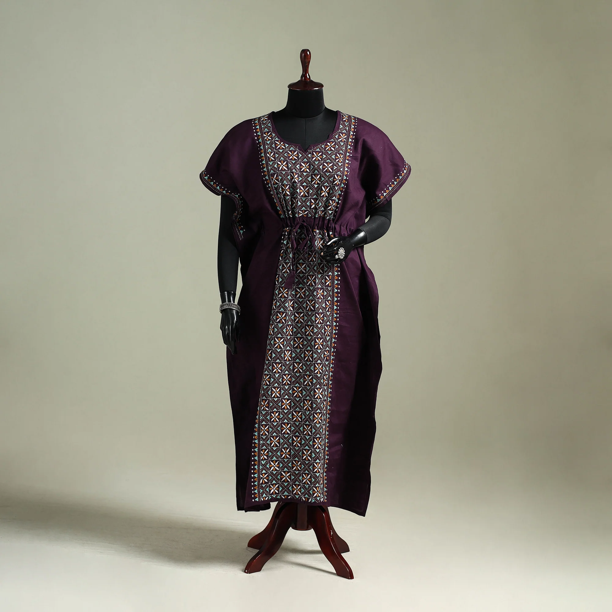 Purple - Bengal Kantha Hand Embroidery Cotton Long Kaftan 24
