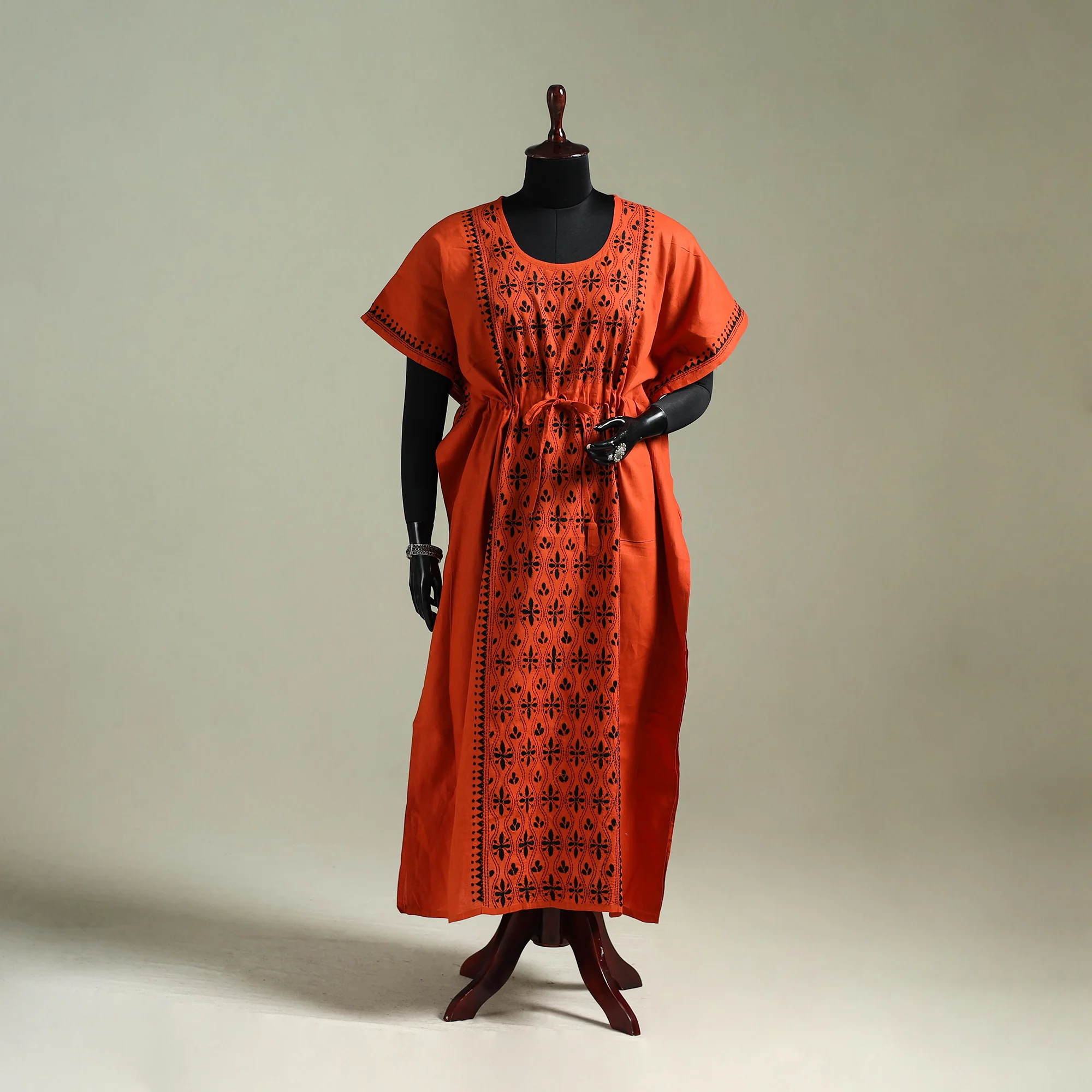 Orange - Bengal Kantha Hand Embroidery Cotton Long Kaftan 25