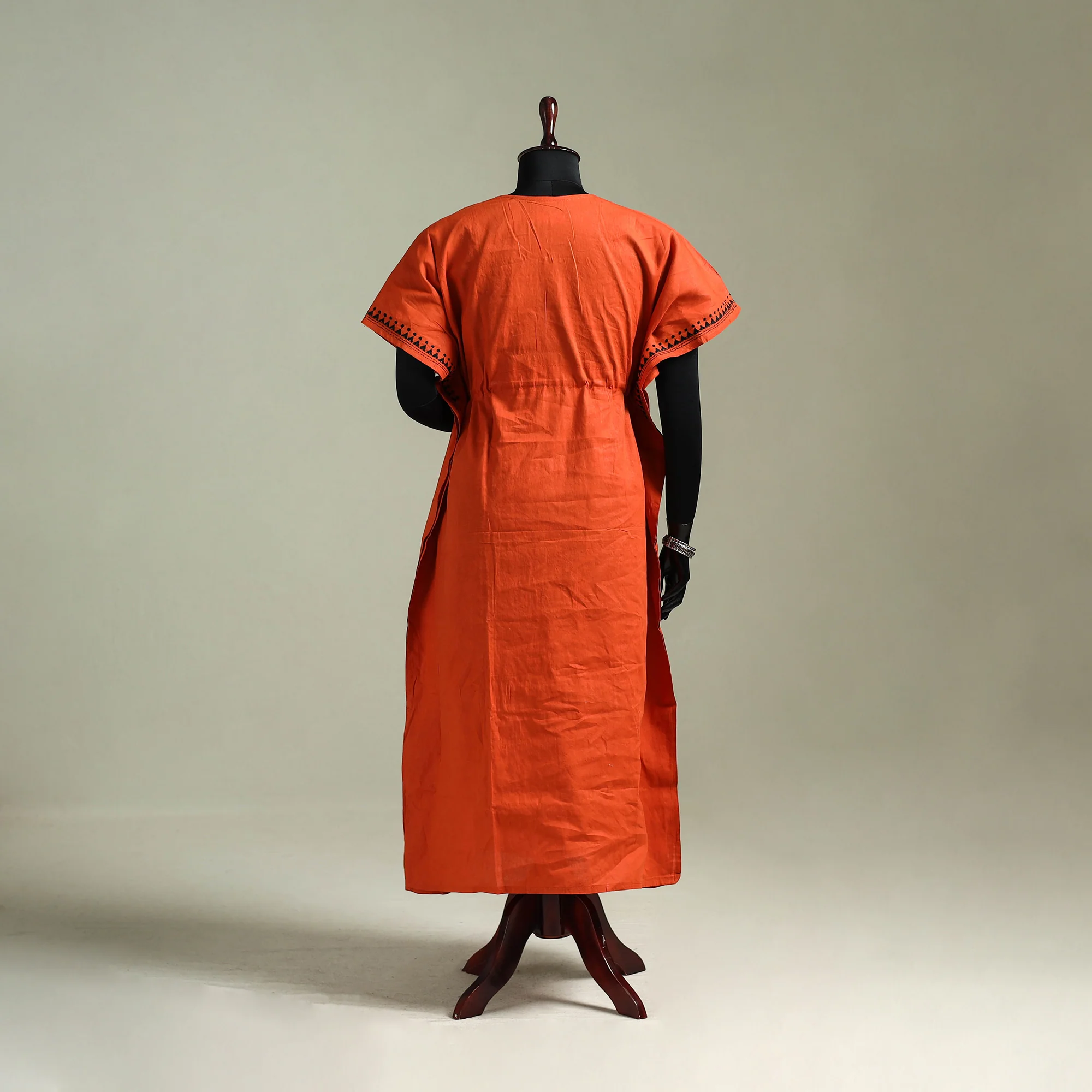 Orange - Bengal Kantha Hand Embroidery Cotton Long Kaftan 25 - Image 5