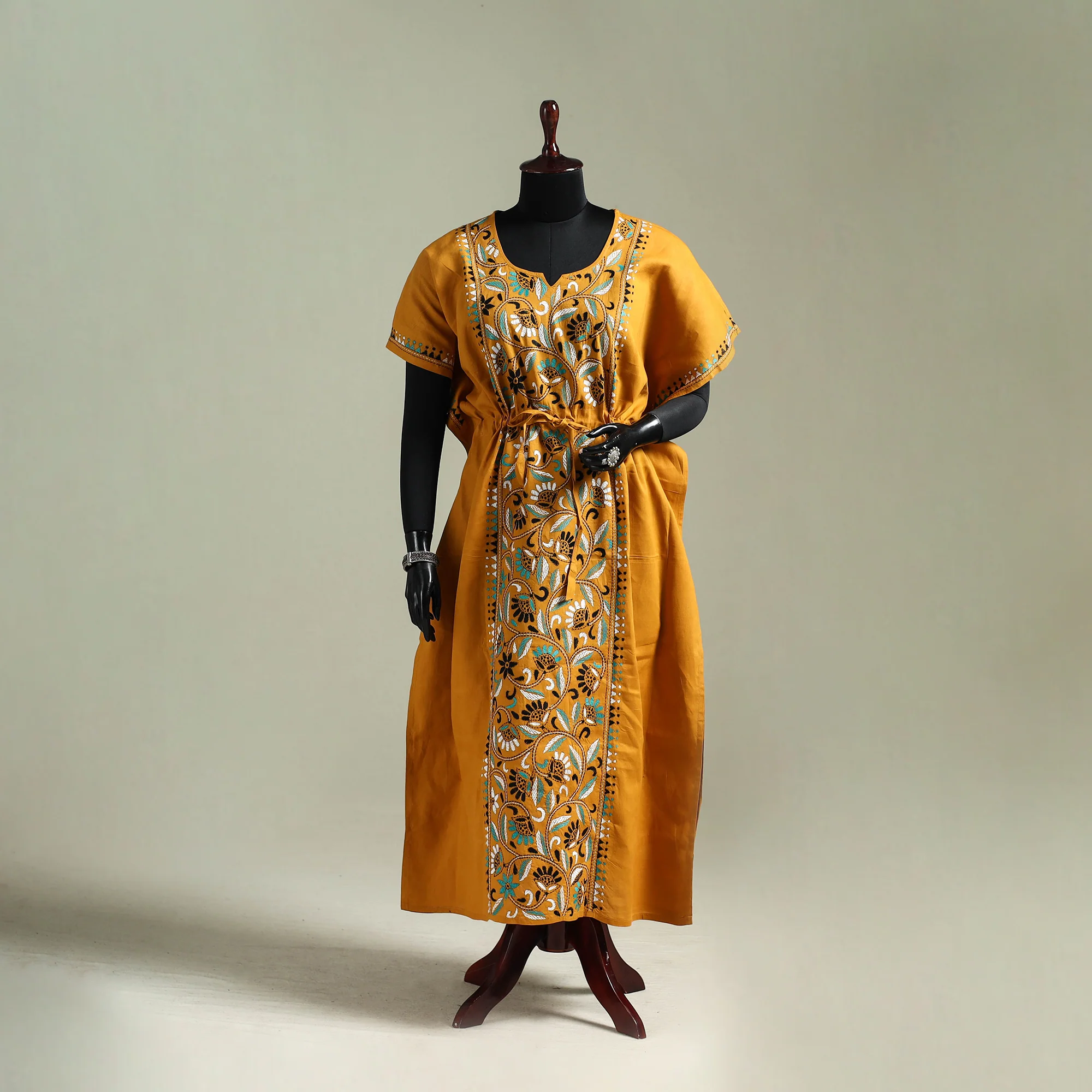 Yellow - Bengal Kantha Hand Embroidery Cotton Long Kaftan 26