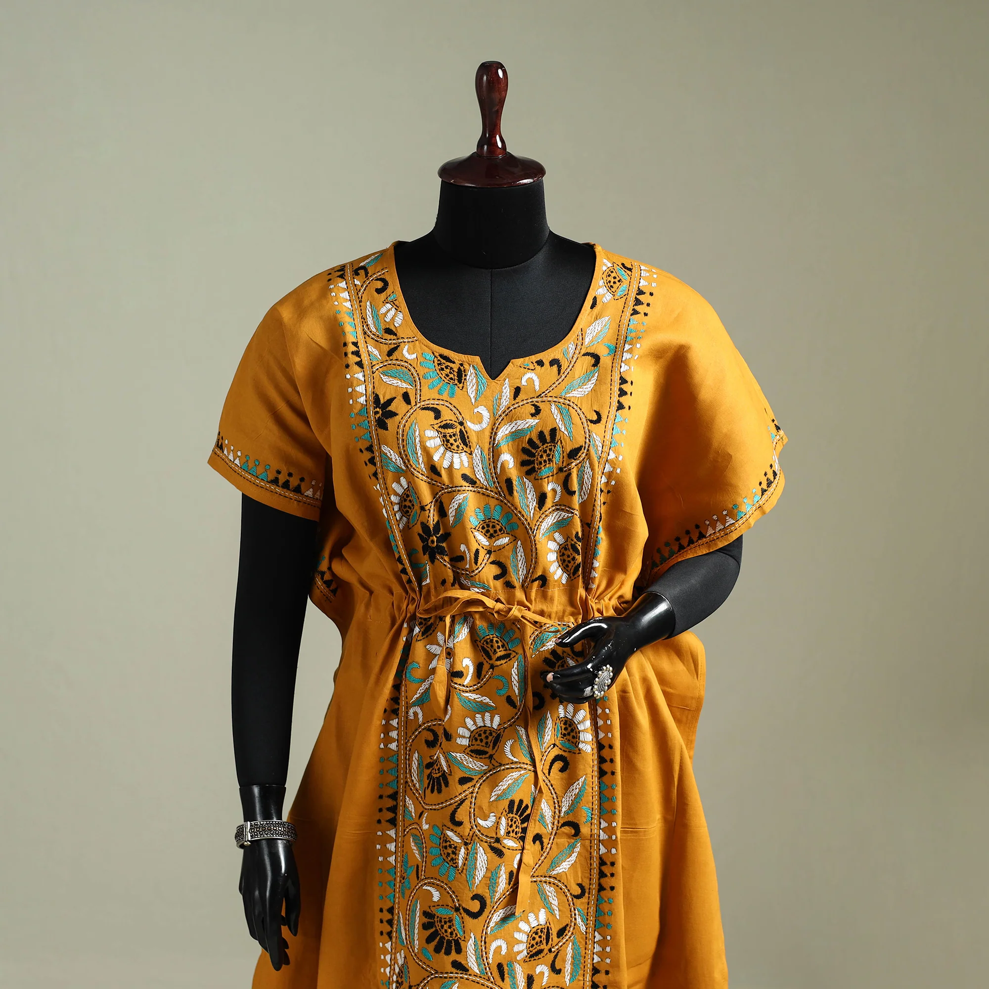 Yellow - Bengal Kantha Hand Embroidery Cotton Long Kaftan 26 - Image 2