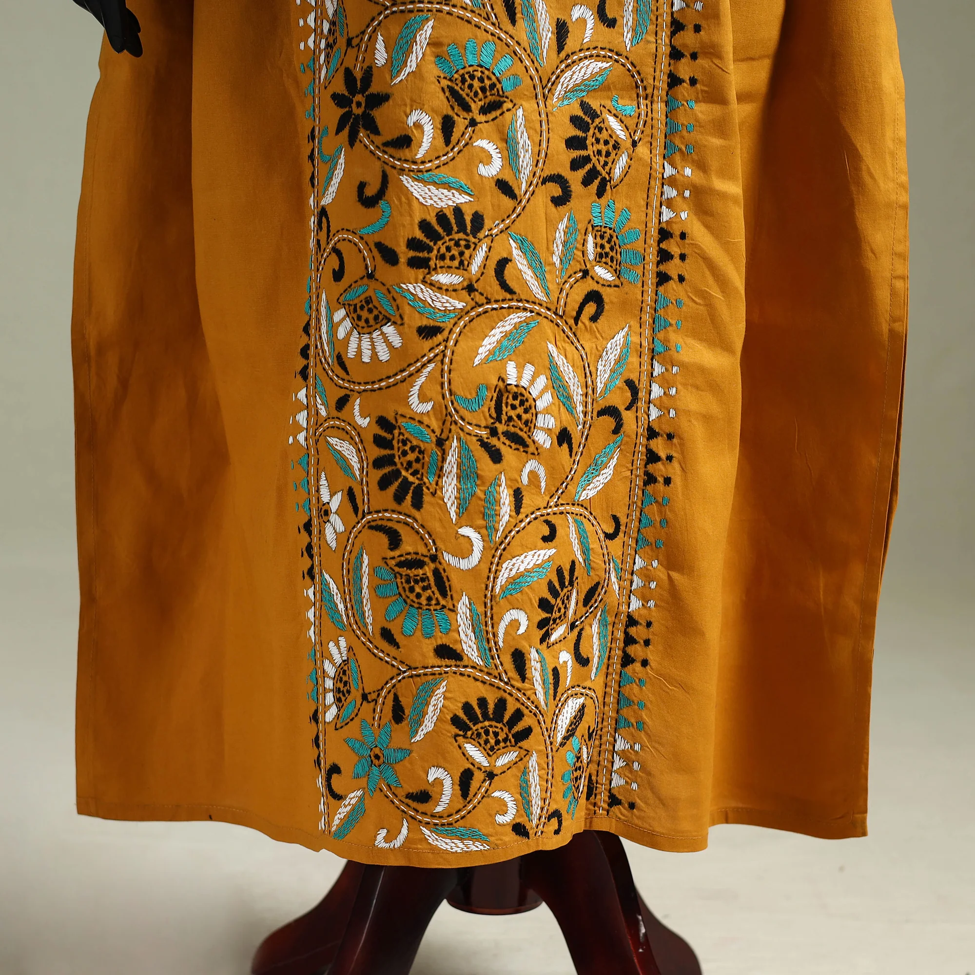 Yellow - Bengal Kantha Hand Embroidery Cotton Long Kaftan 26 - Image 4