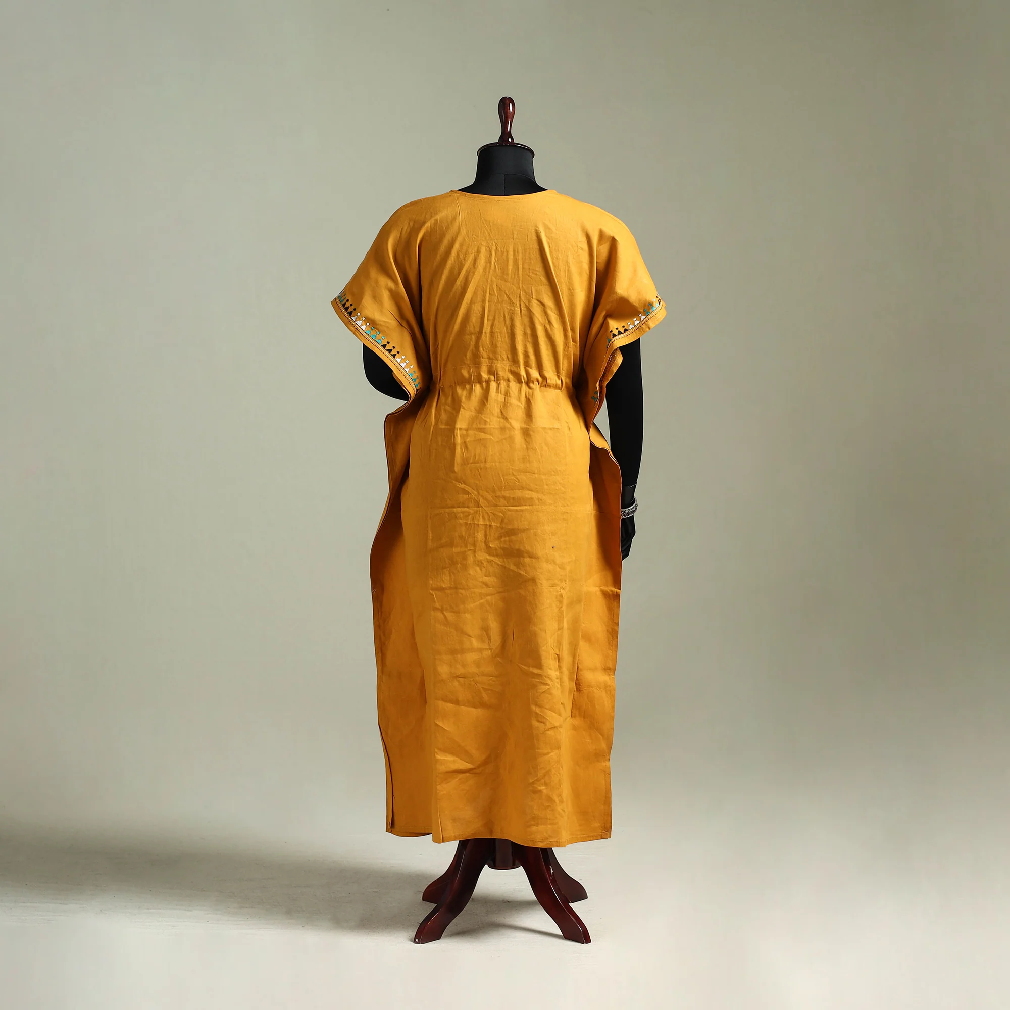 Yellow - Bengal Kantha Hand Embroidery Cotton Long Kaftan 26 - Image 5