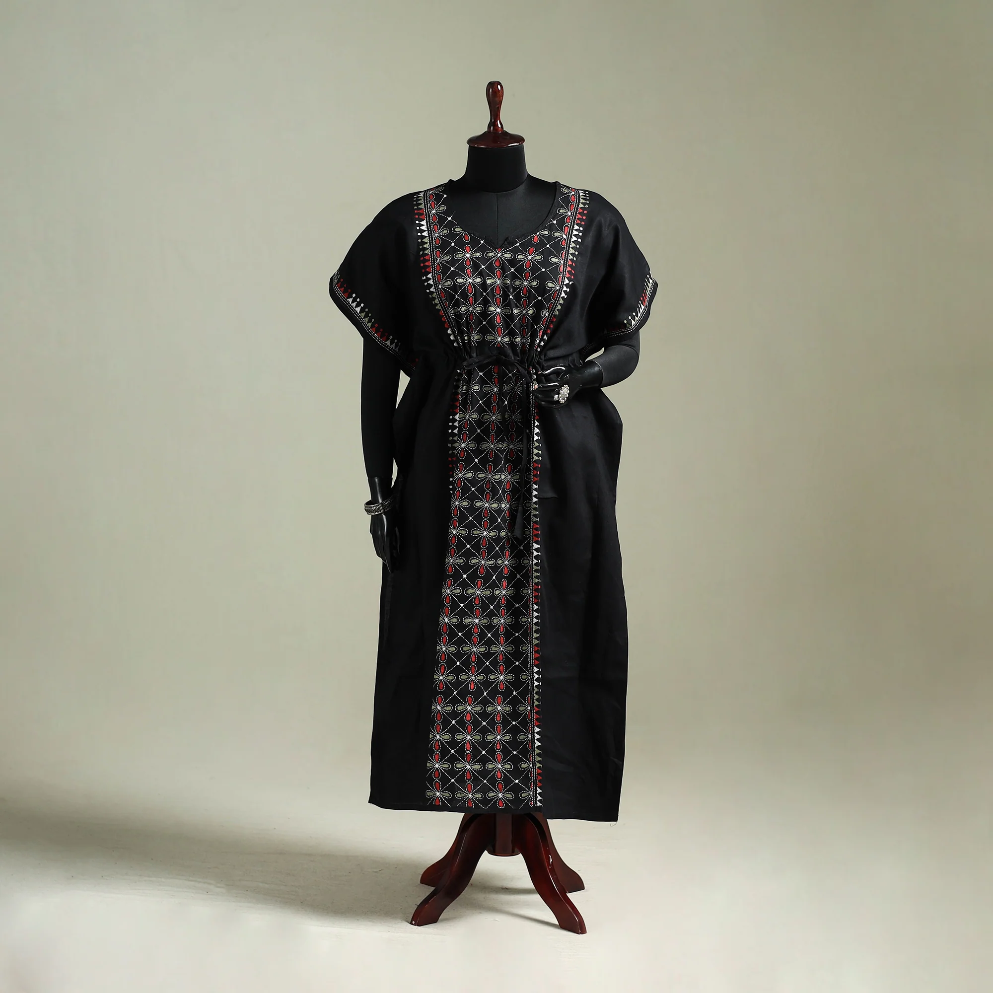 Black - Bengal Kantha Hand Embroidery Cotton Long Kaftan 27