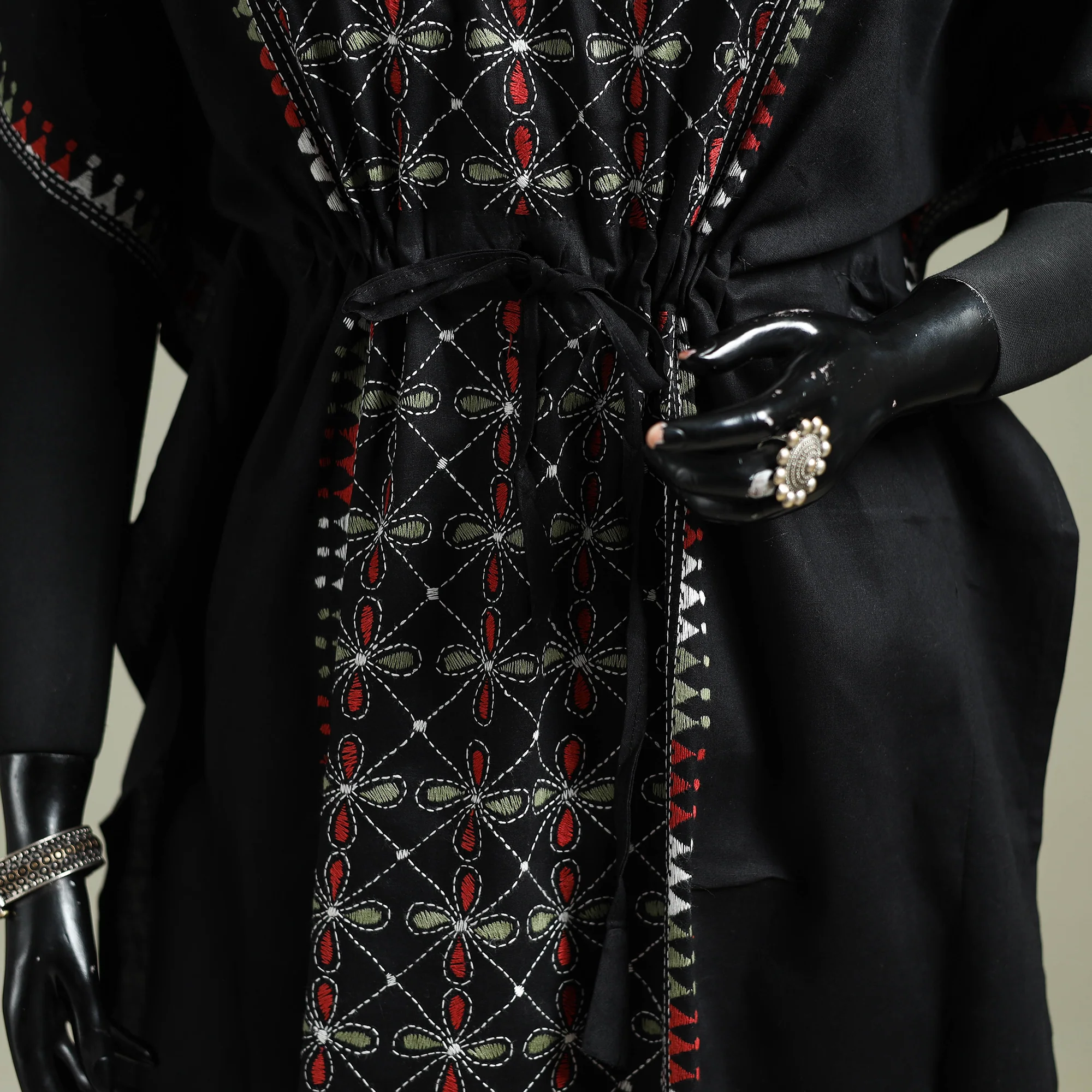 Black - Bengal Kantha Hand Embroidery Cotton Long Kaftan 27 - Image 3