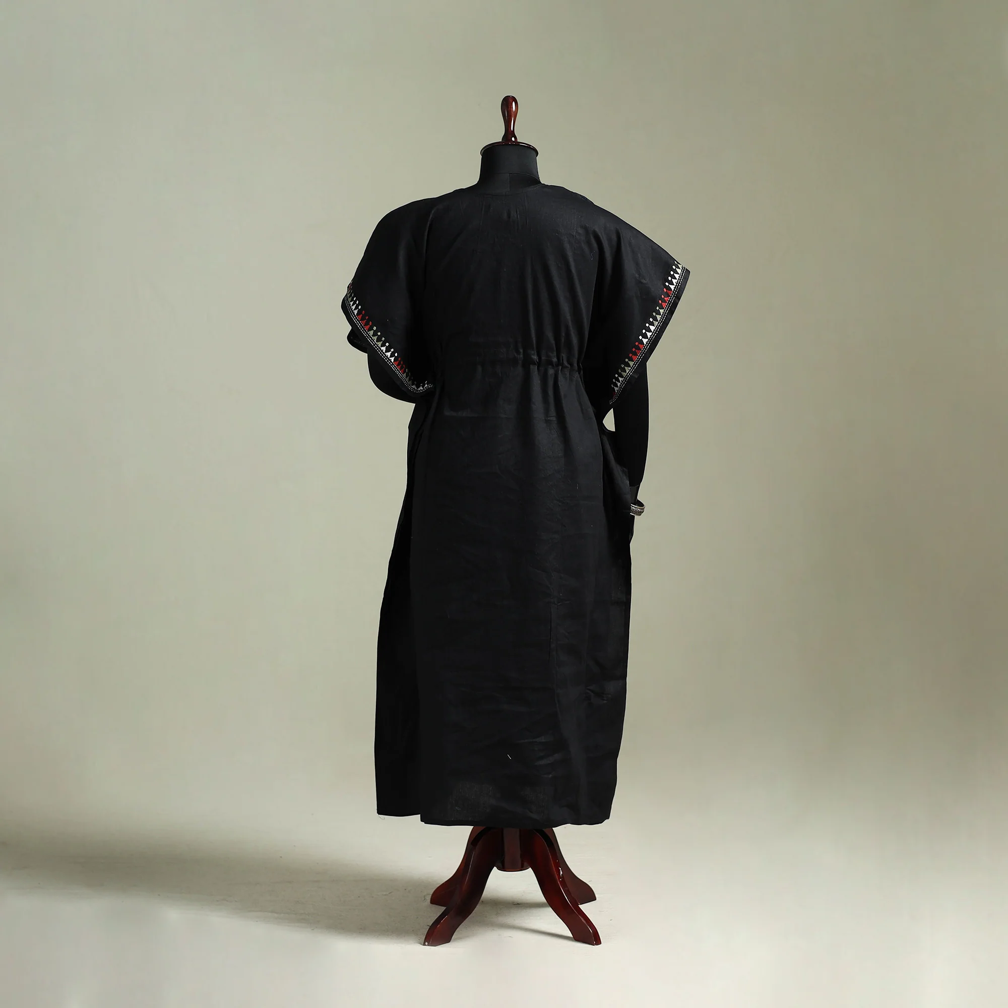 Black - Bengal Kantha Hand Embroidery Cotton Long Kaftan 27 - Image 5
