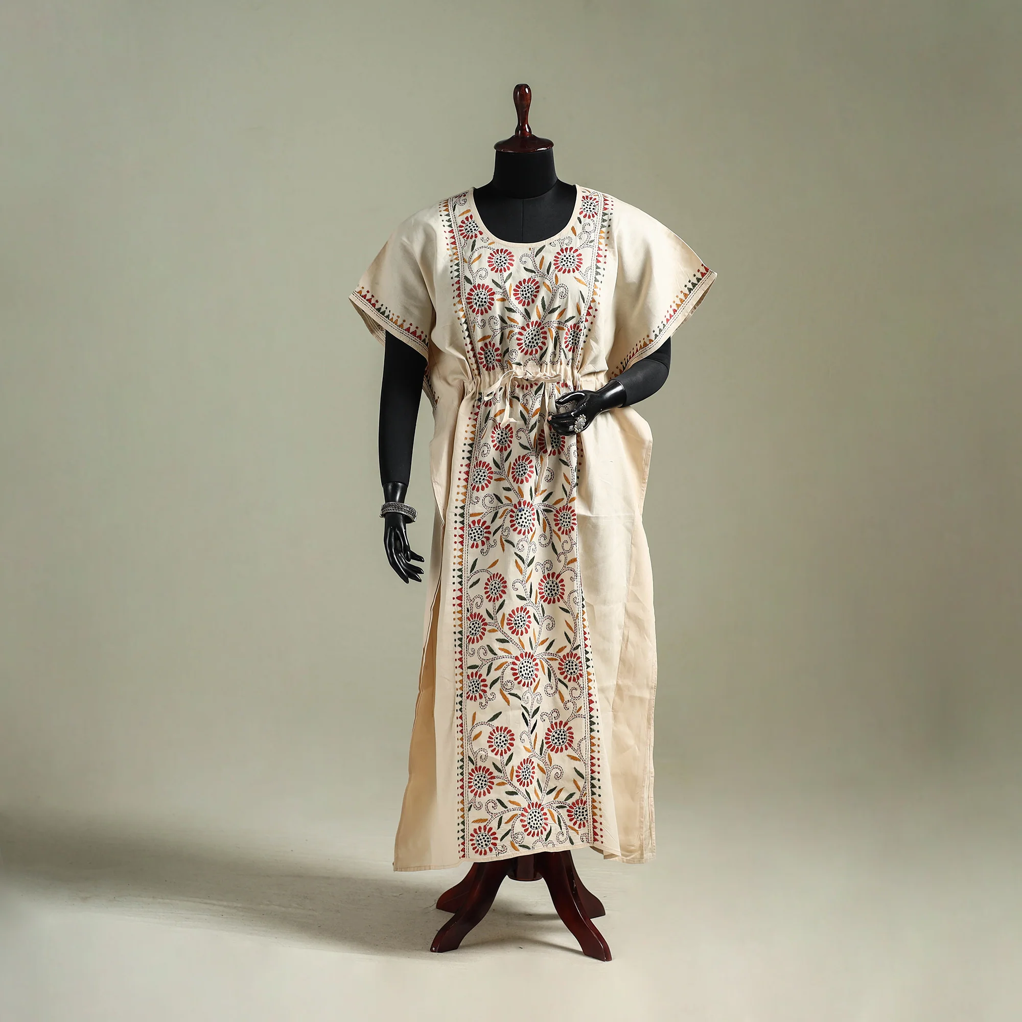 Beige - Bengal Kantha Hand Embroidery Cotton Long Kaftan 28