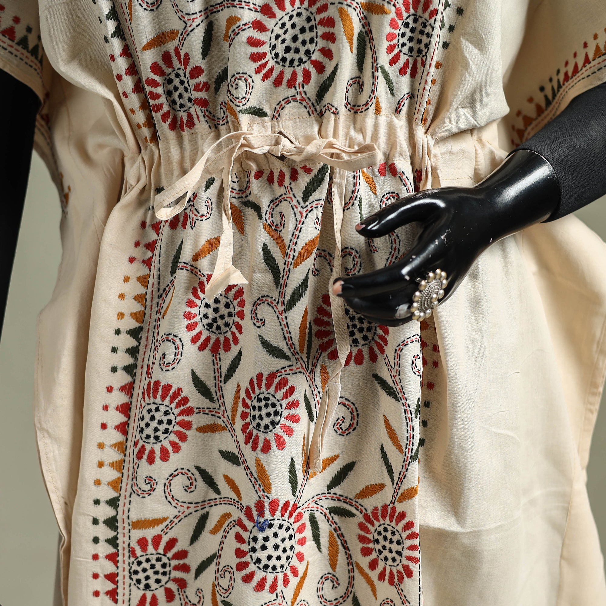 Beige - Bengal Kantha Hand Embroidery Cotton Long Kaftan 28 - Image 3