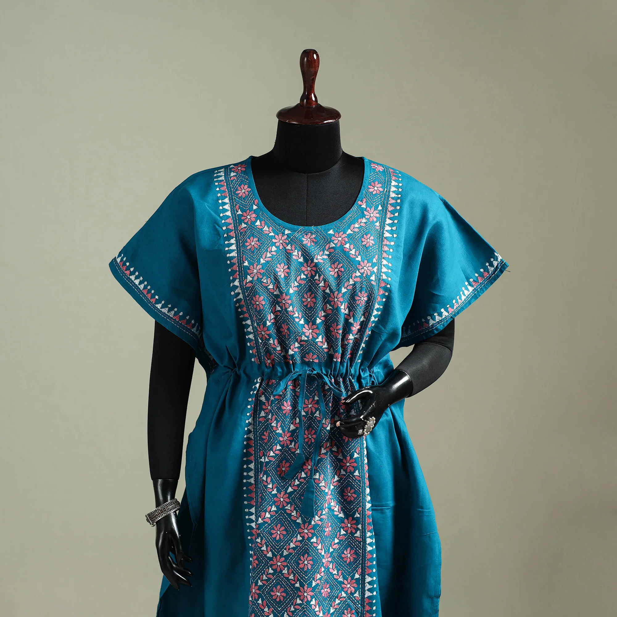 Blue - Bengal Kantha Hand Embroidery Cotton Long Kaftan 29 - Image 2