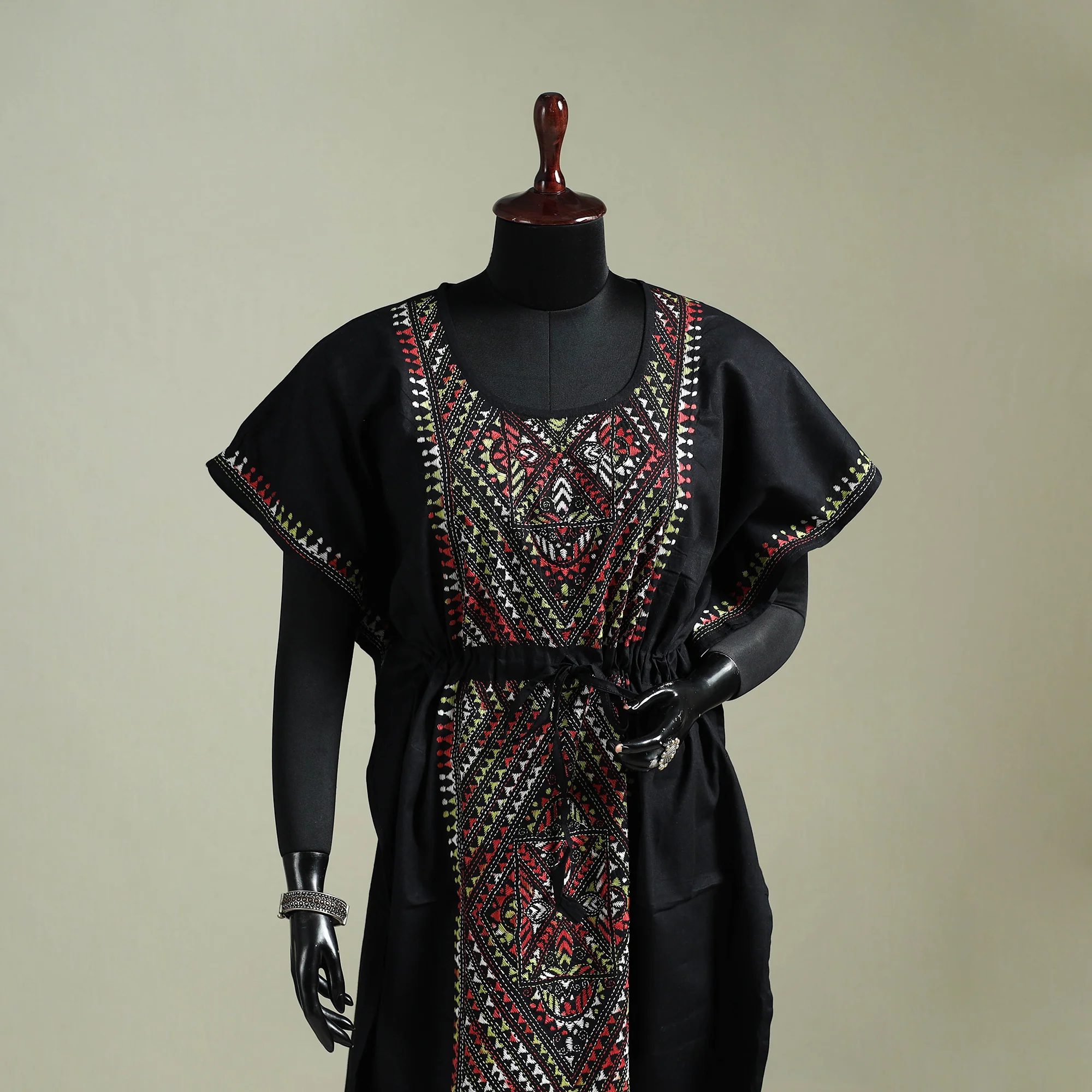 Black - Bengal Kantha Hand Embroidery Cotton Long Kaftan 30 - Image 2