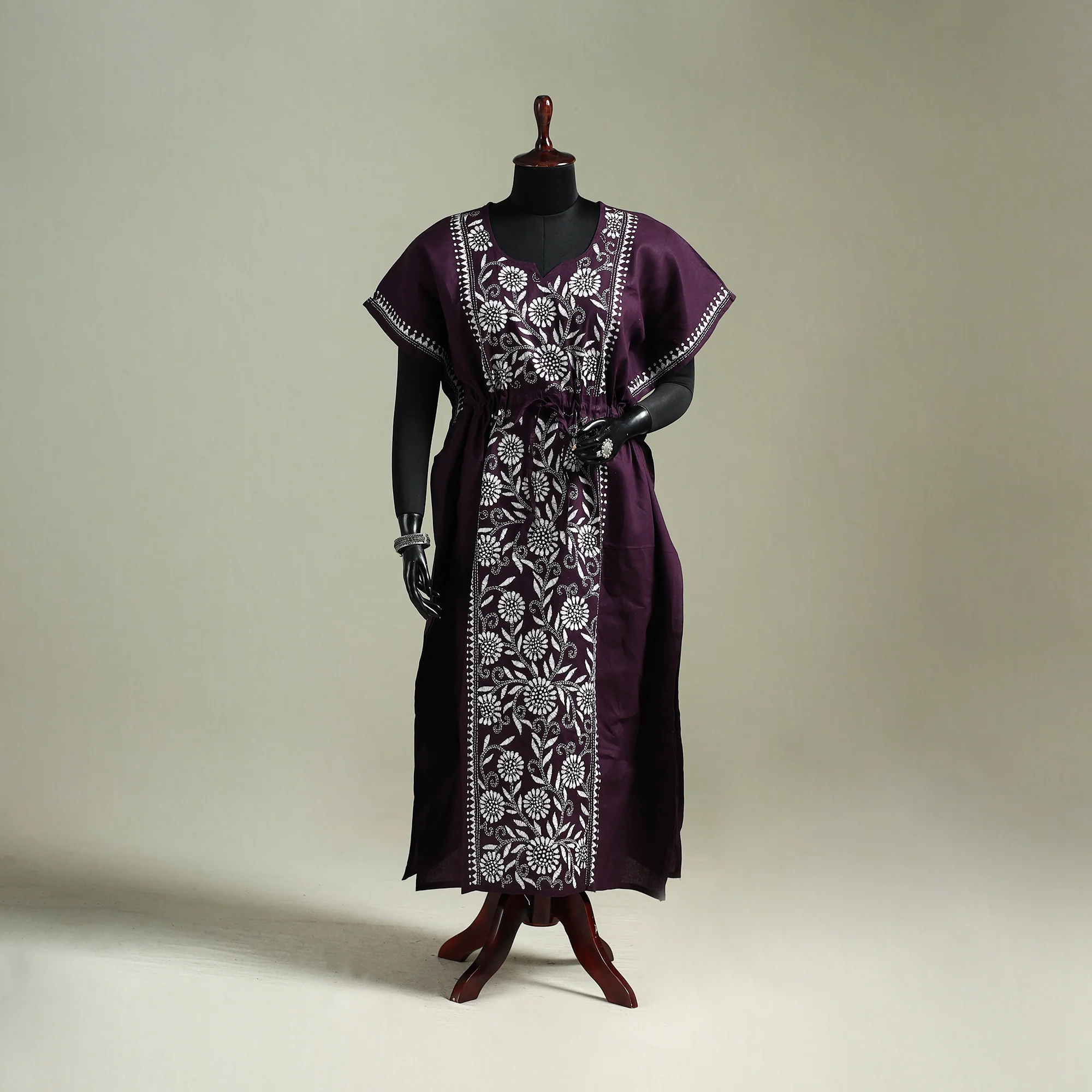 Purple - Bengal Kantha Hand Embroidery Cotton Long Kaftan 31
