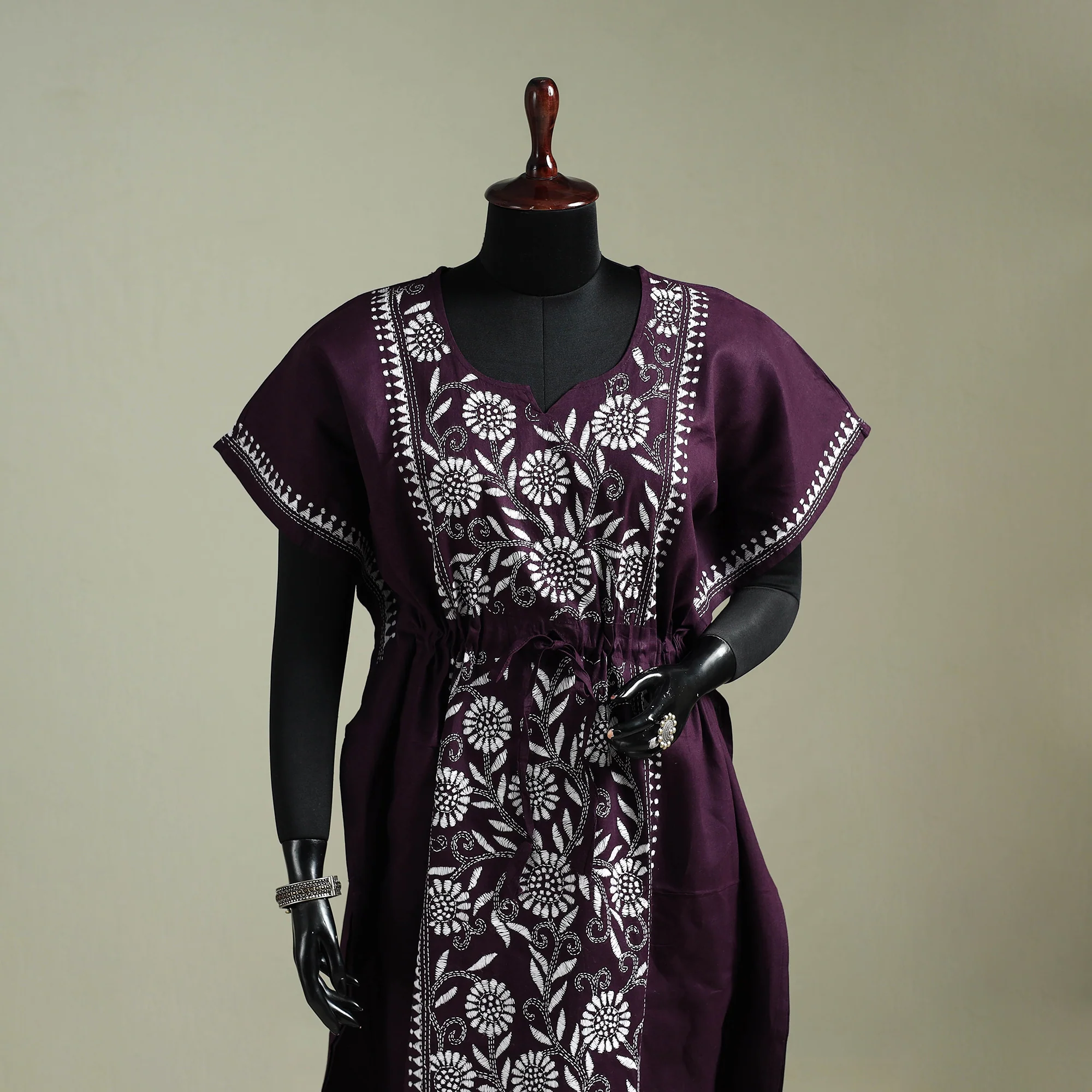 Purple - Bengal Kantha Hand Embroidery Cotton Long Kaftan 31 - Image 2