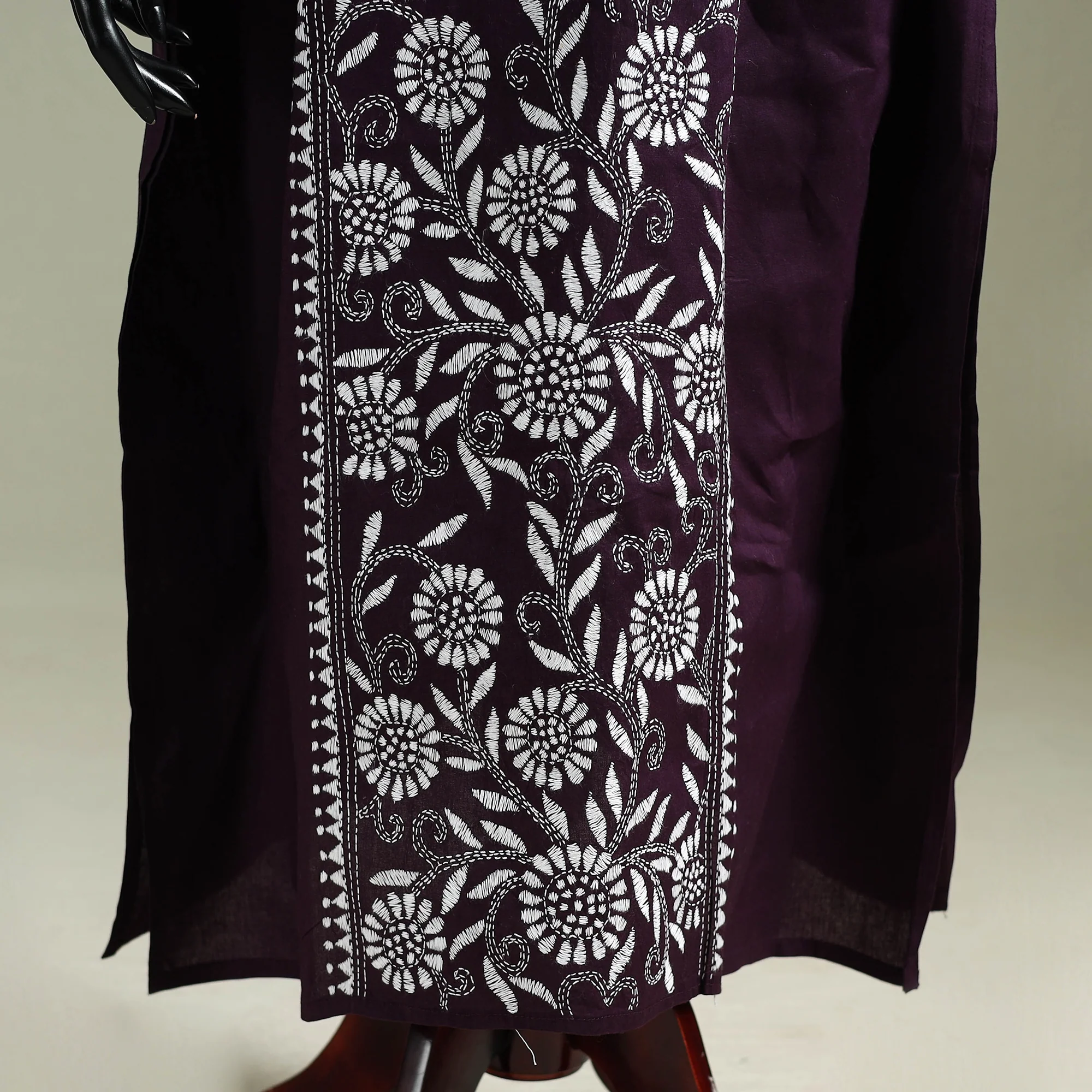 Purple - Bengal Kantha Hand Embroidery Cotton Long Kaftan 31 - Image 4