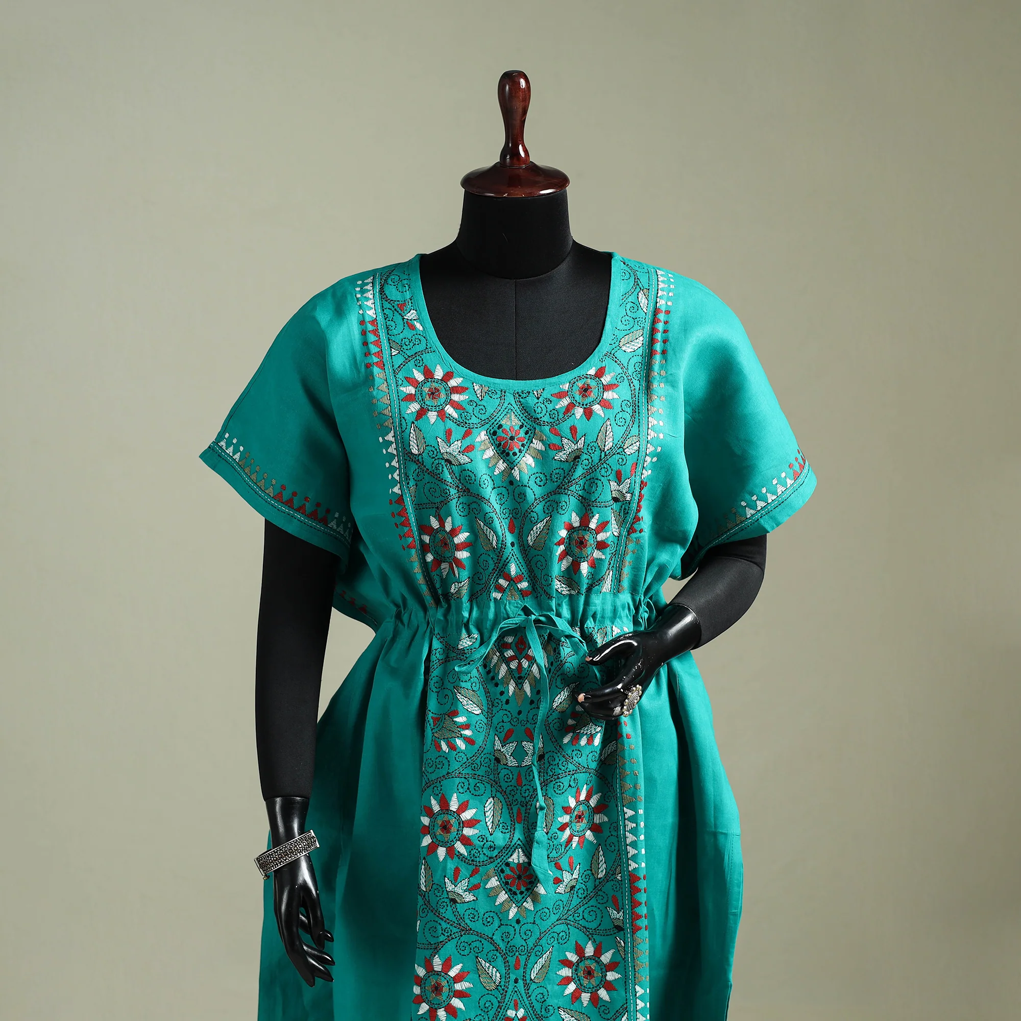 Green - Bengal Kantha Hand Embroidery Cotton Long Kaftan 32 - Image 2