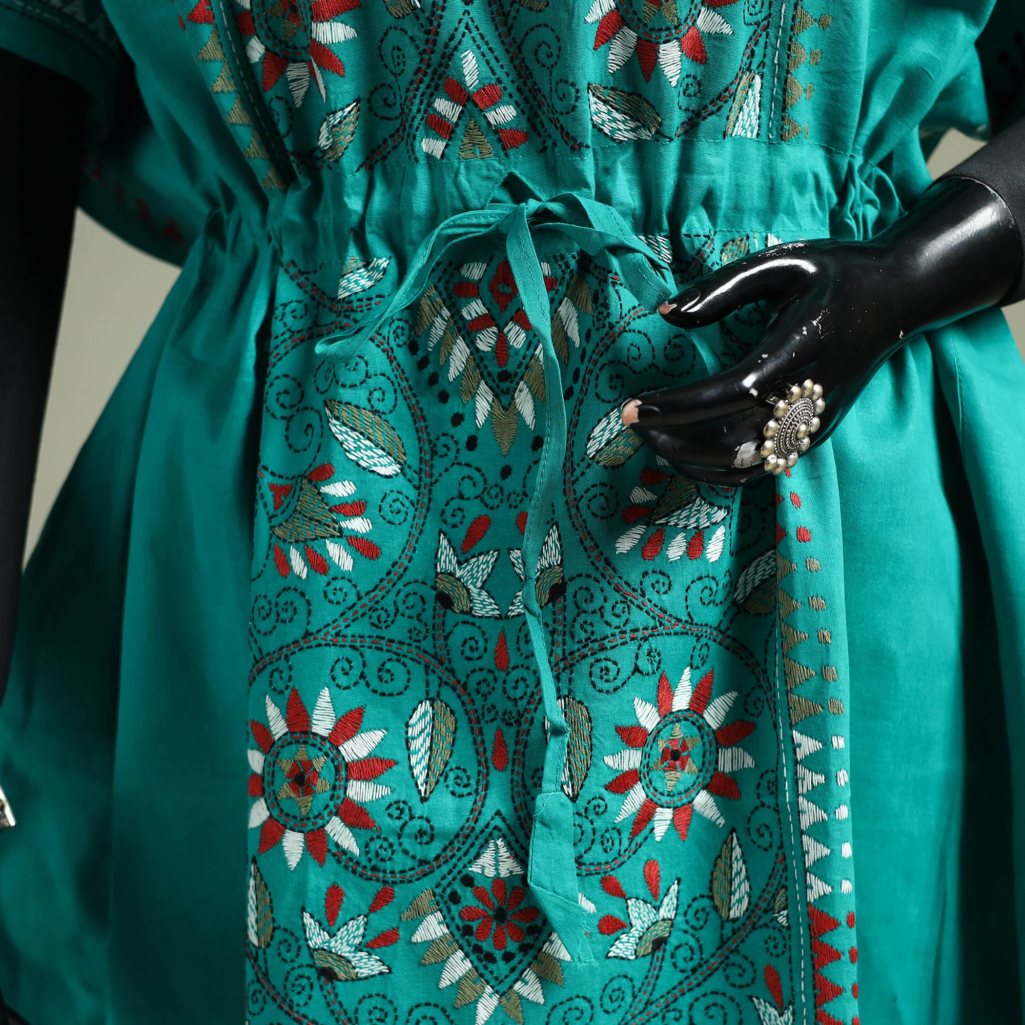 Green - Bengal Kantha Hand Embroidery Cotton Long Kaftan 32 - Image 3