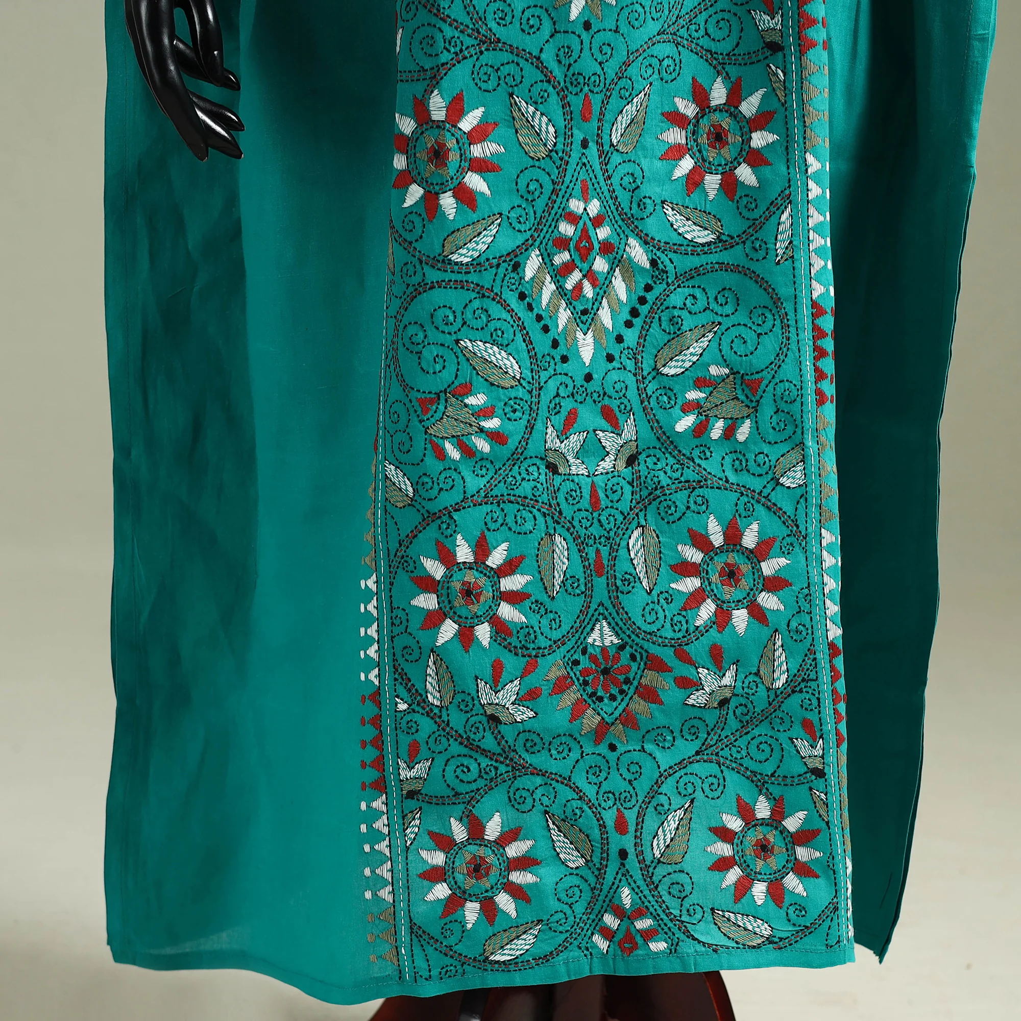 Green - Bengal Kantha Hand Embroidery Cotton Long Kaftan 32 - Image 4