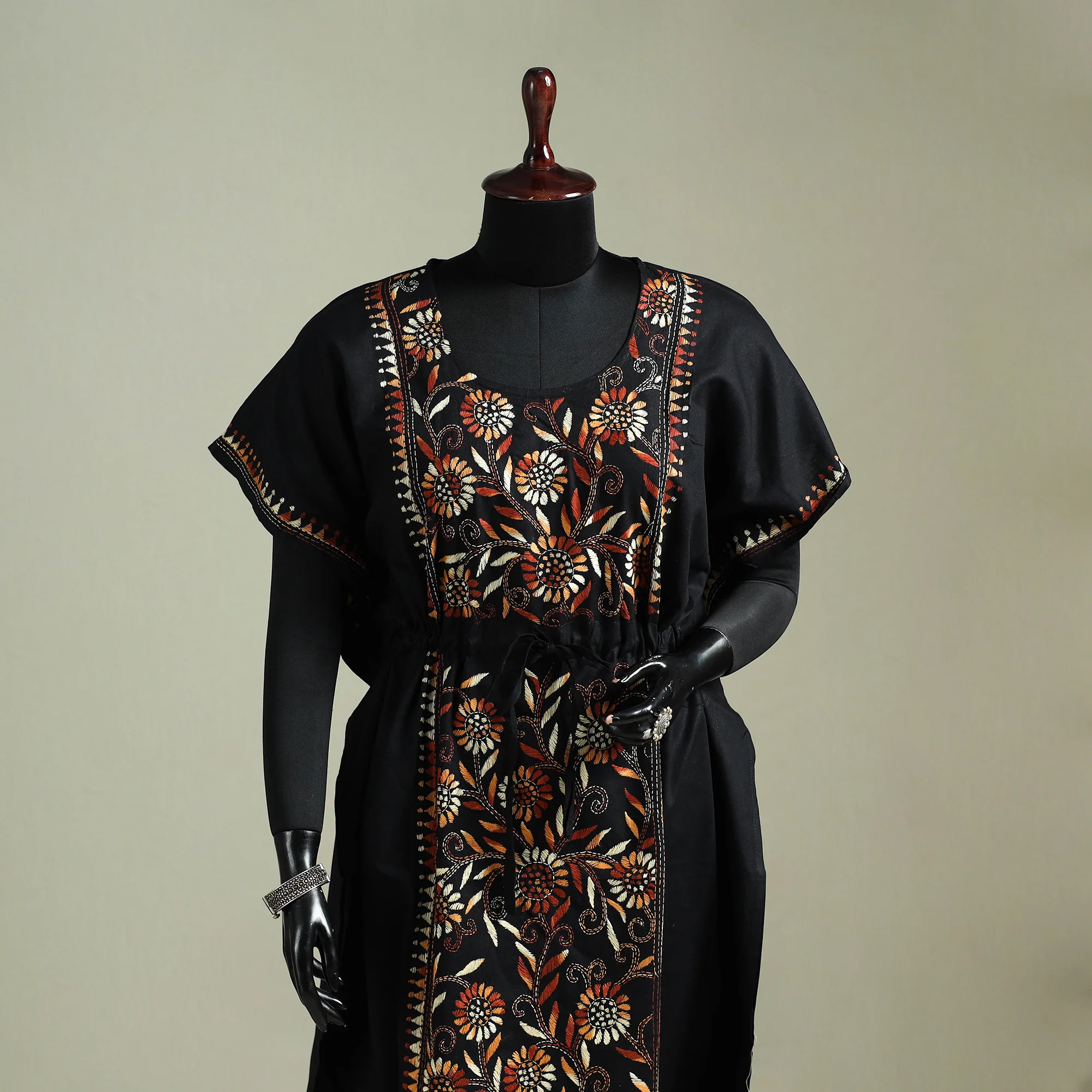 Black - Bengal Kantha Hand Embroidery Cotton Long Kaftan 33 - Image 2
