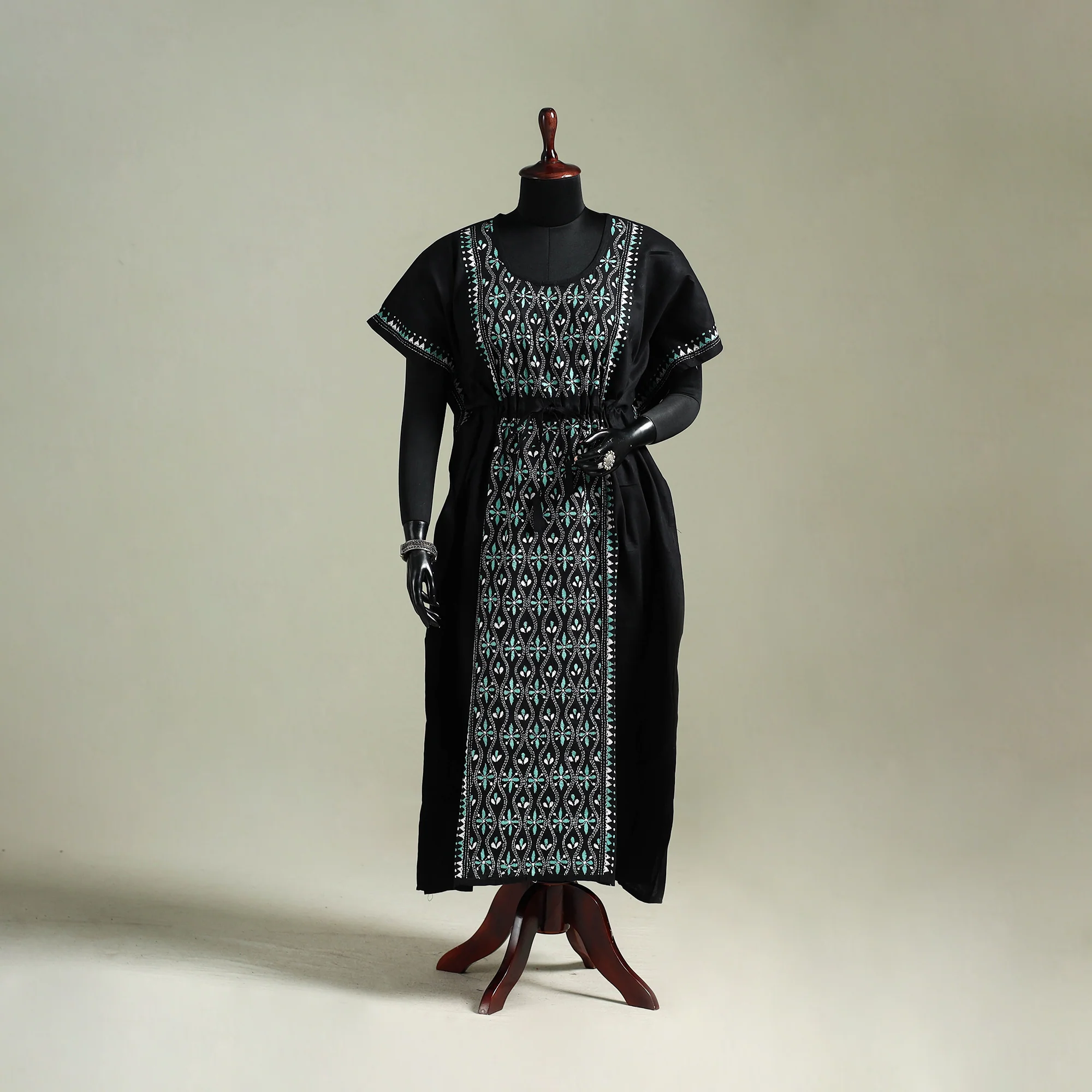 Black - Bengal Kantha Hand Embroidery Cotton Long Kaftan 34