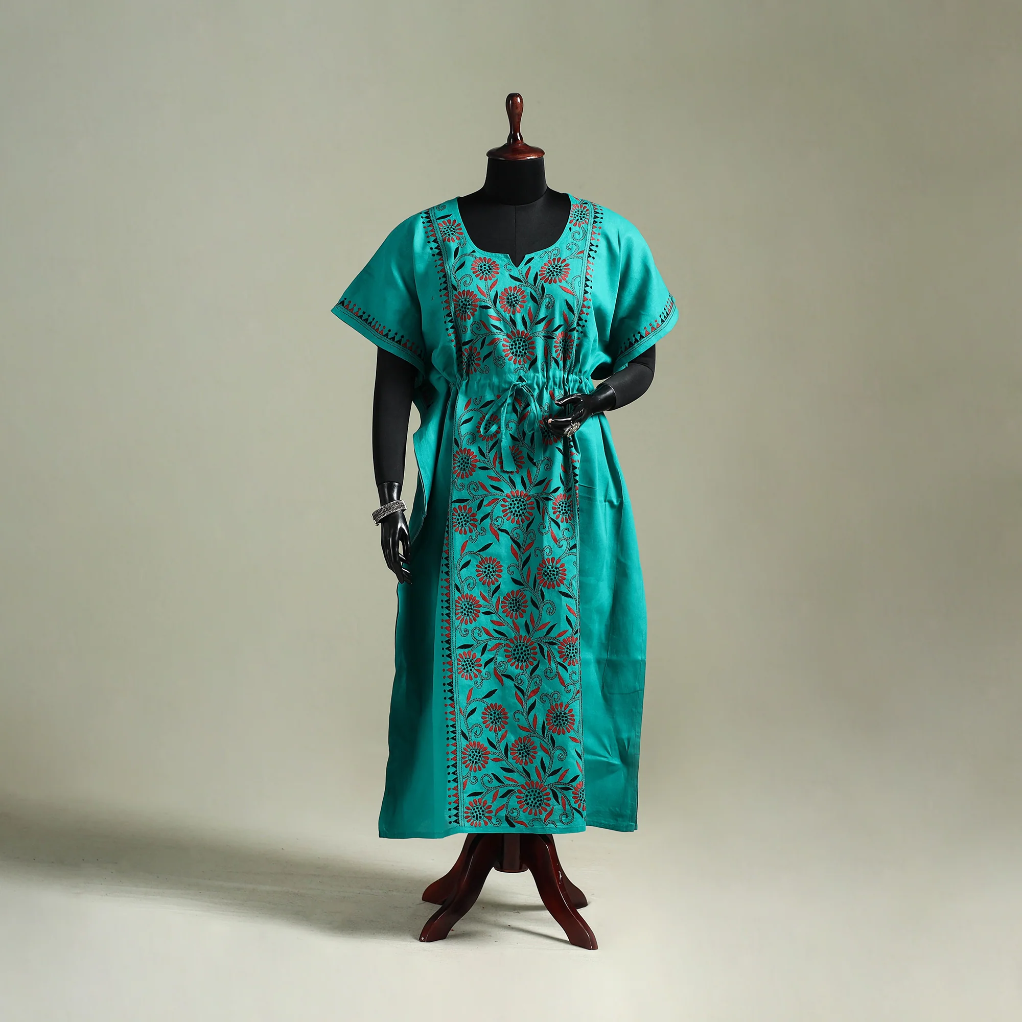 Green - Bengal Kantha Hand Embroidery Cotton Long Kaftan 35