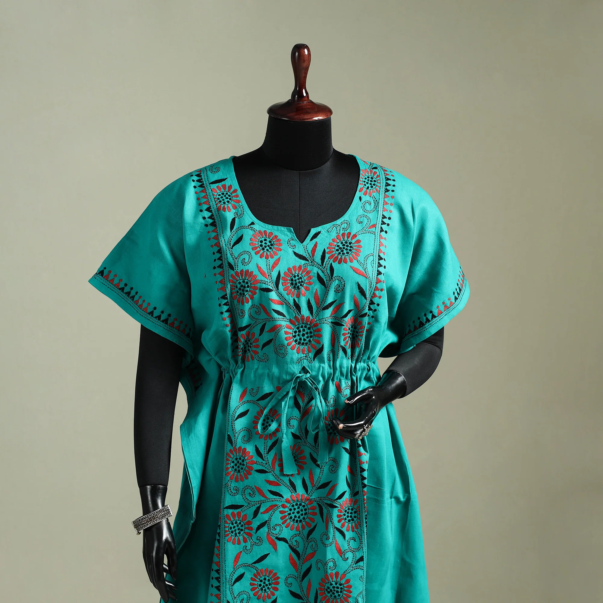 Green - Bengal Kantha Hand Embroidery Cotton Long Kaftan 35 - Image 2