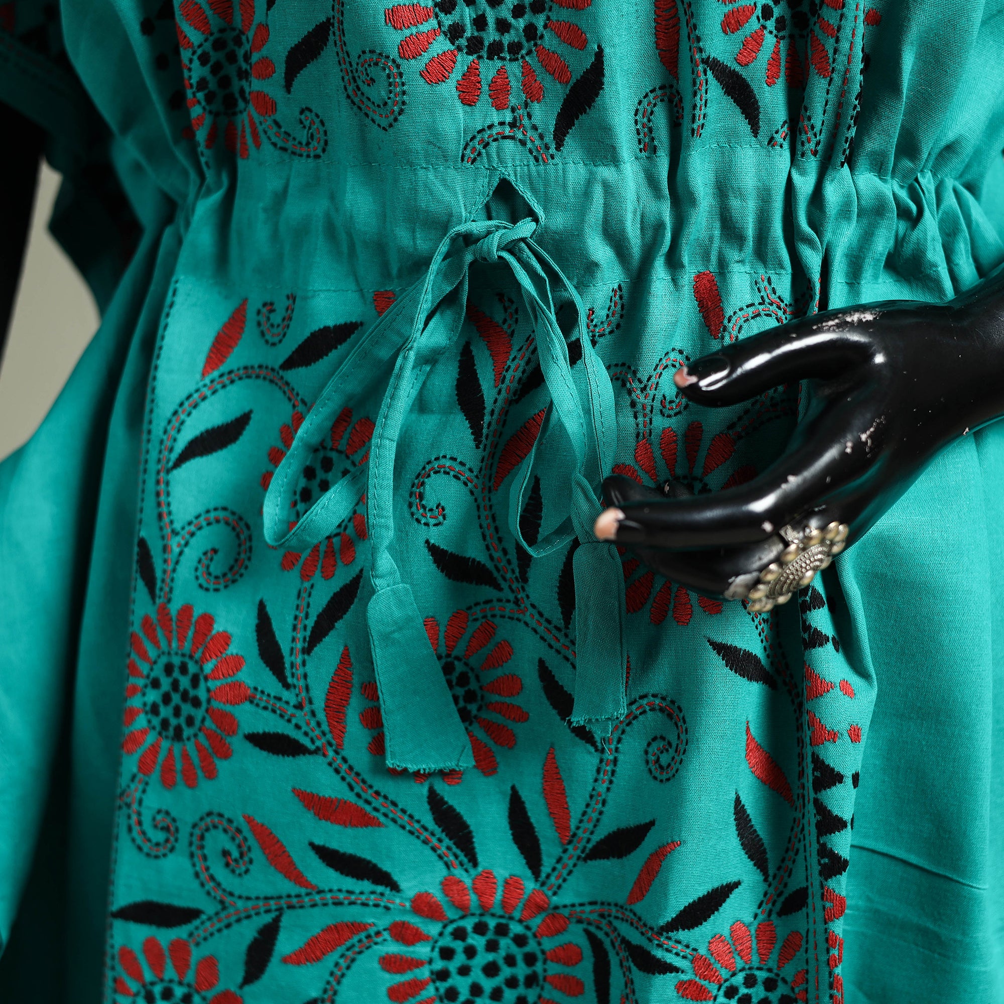 Green - Bengal Kantha Hand Embroidery Cotton Long Kaftan 35 - Image 3