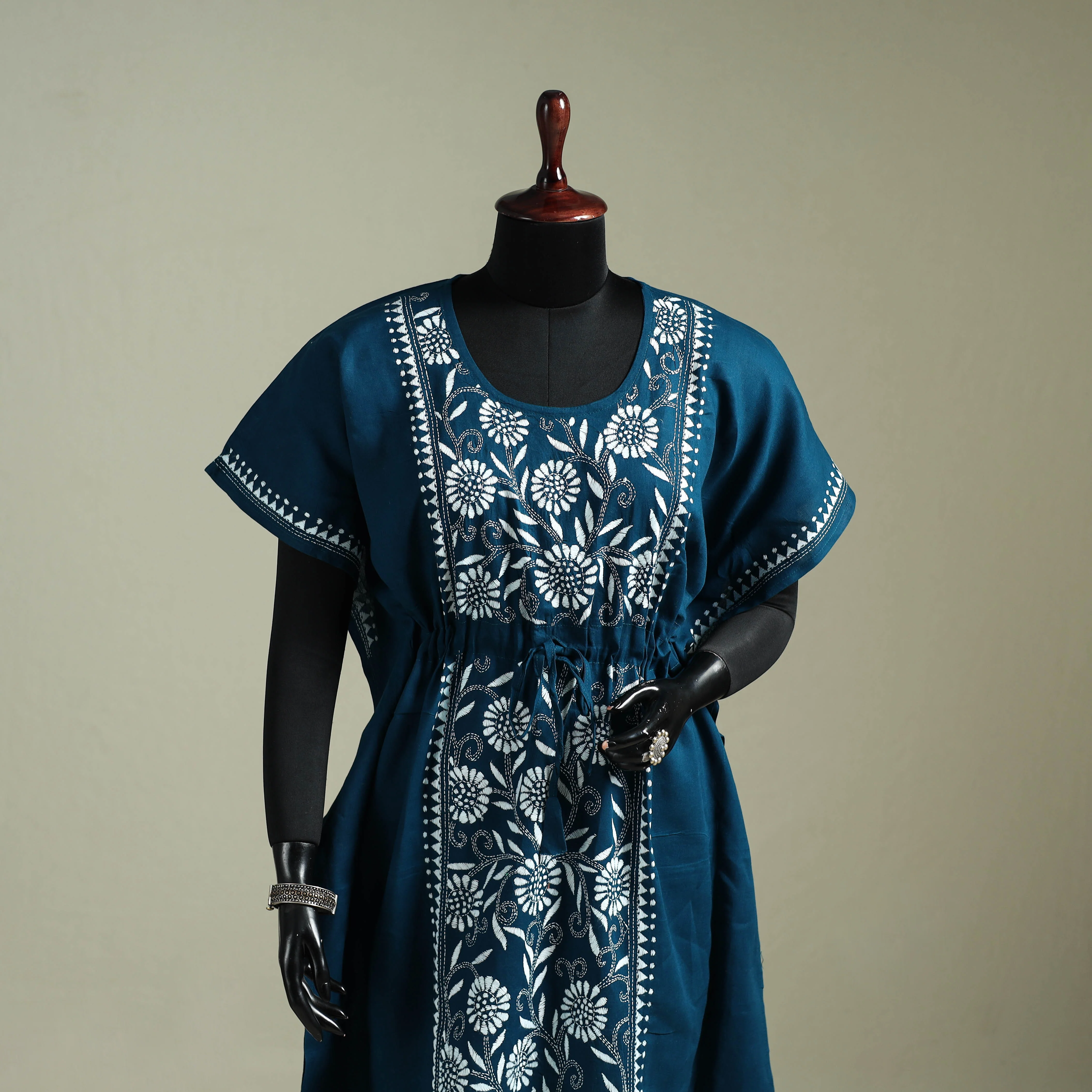 Blue - Bengal Kantha Hand Embroidery Cotton Long Kaftan 36 - Image 2