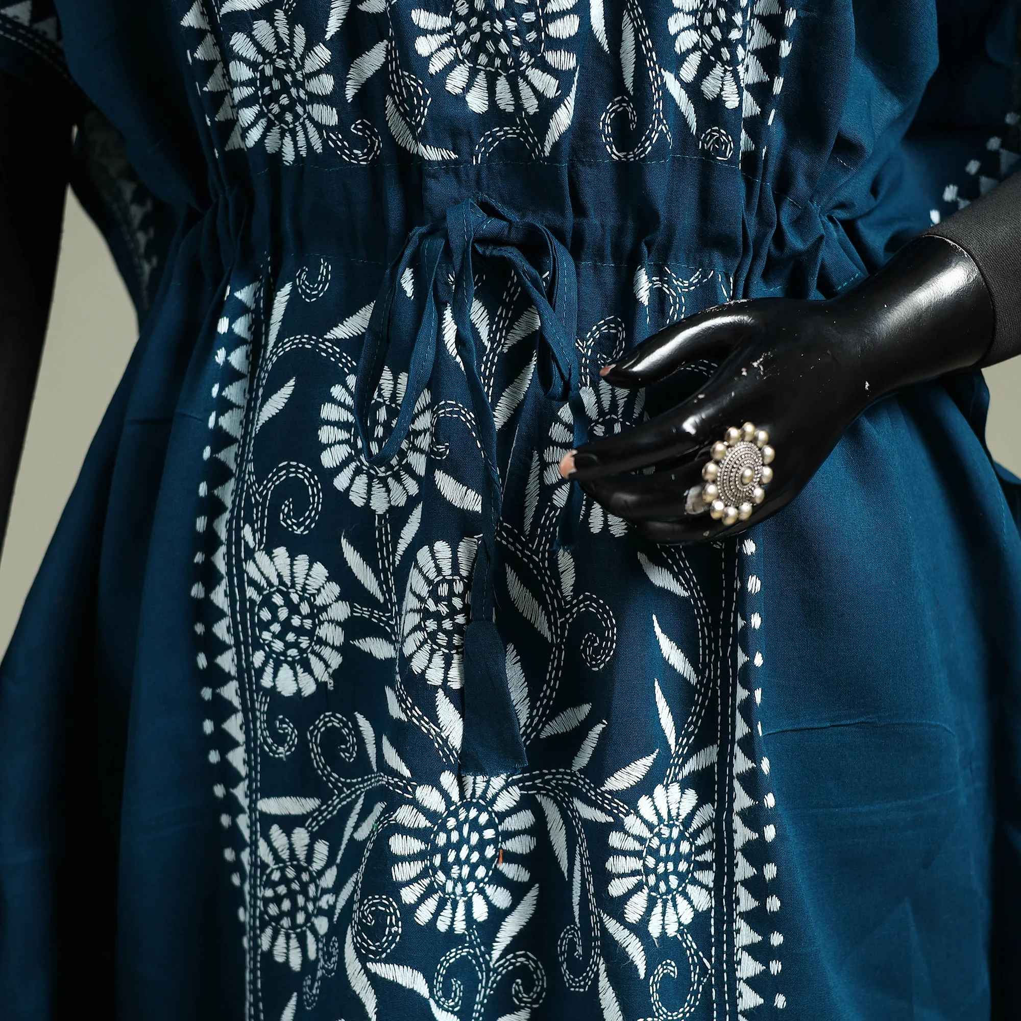 Blue - Bengal Kantha Hand Embroidery Cotton Long Kaftan 36 - Image 3