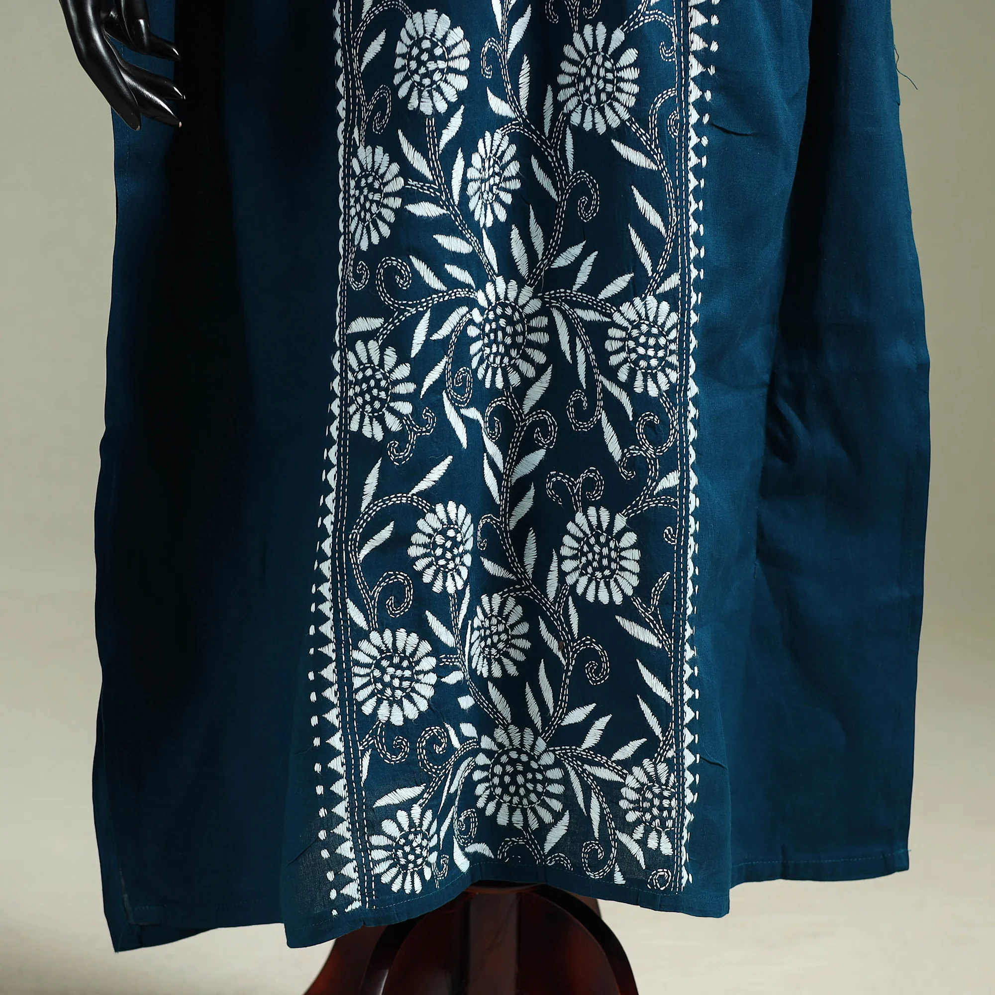 Blue - Bengal Kantha Hand Embroidery Cotton Long Kaftan 36 - Image 4