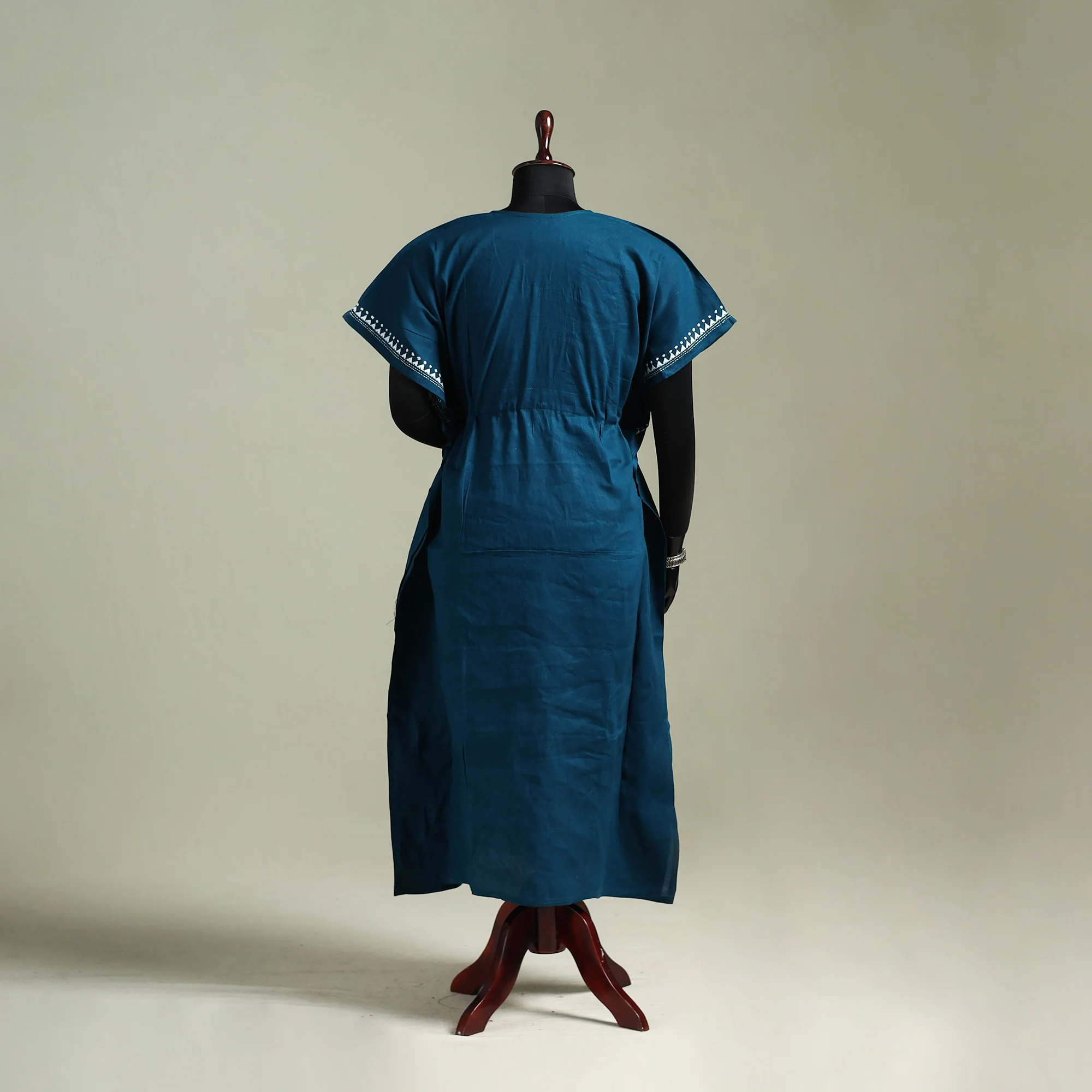 Blue - Bengal Kantha Hand Embroidery Cotton Long Kaftan 36 - Image 5