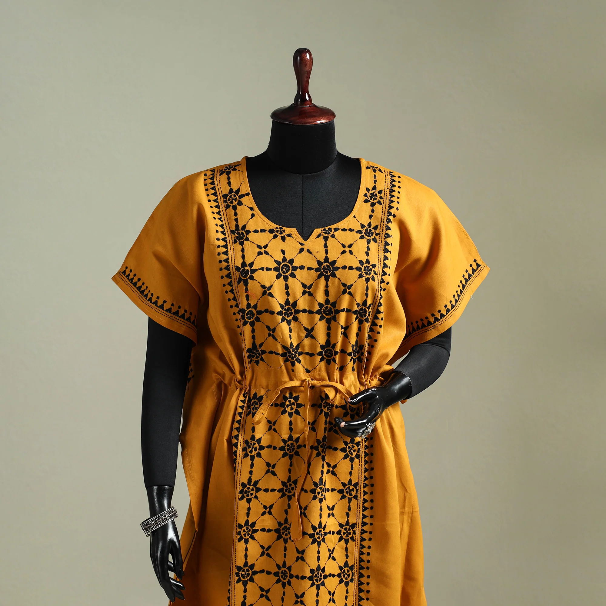 Yellow - Bengal Kantha Hand Embroidery Cotton Long Kaftan 37 - Image 2