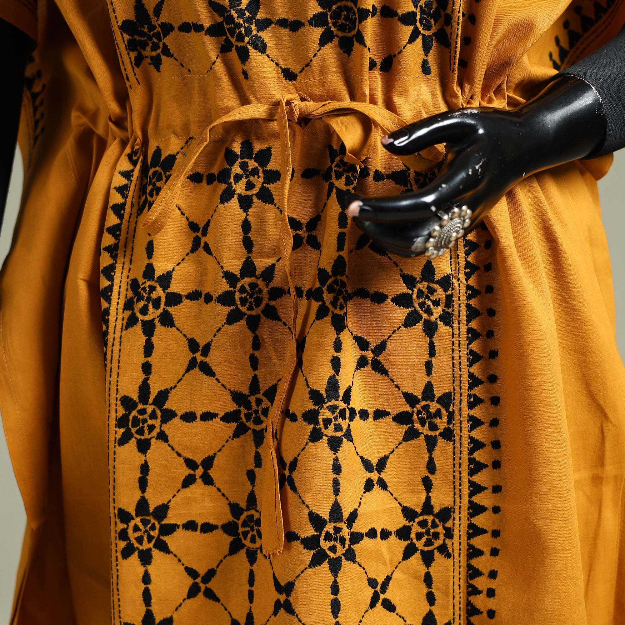 Yellow - Bengal Kantha Hand Embroidery Cotton Long Kaftan 37 - Image 3