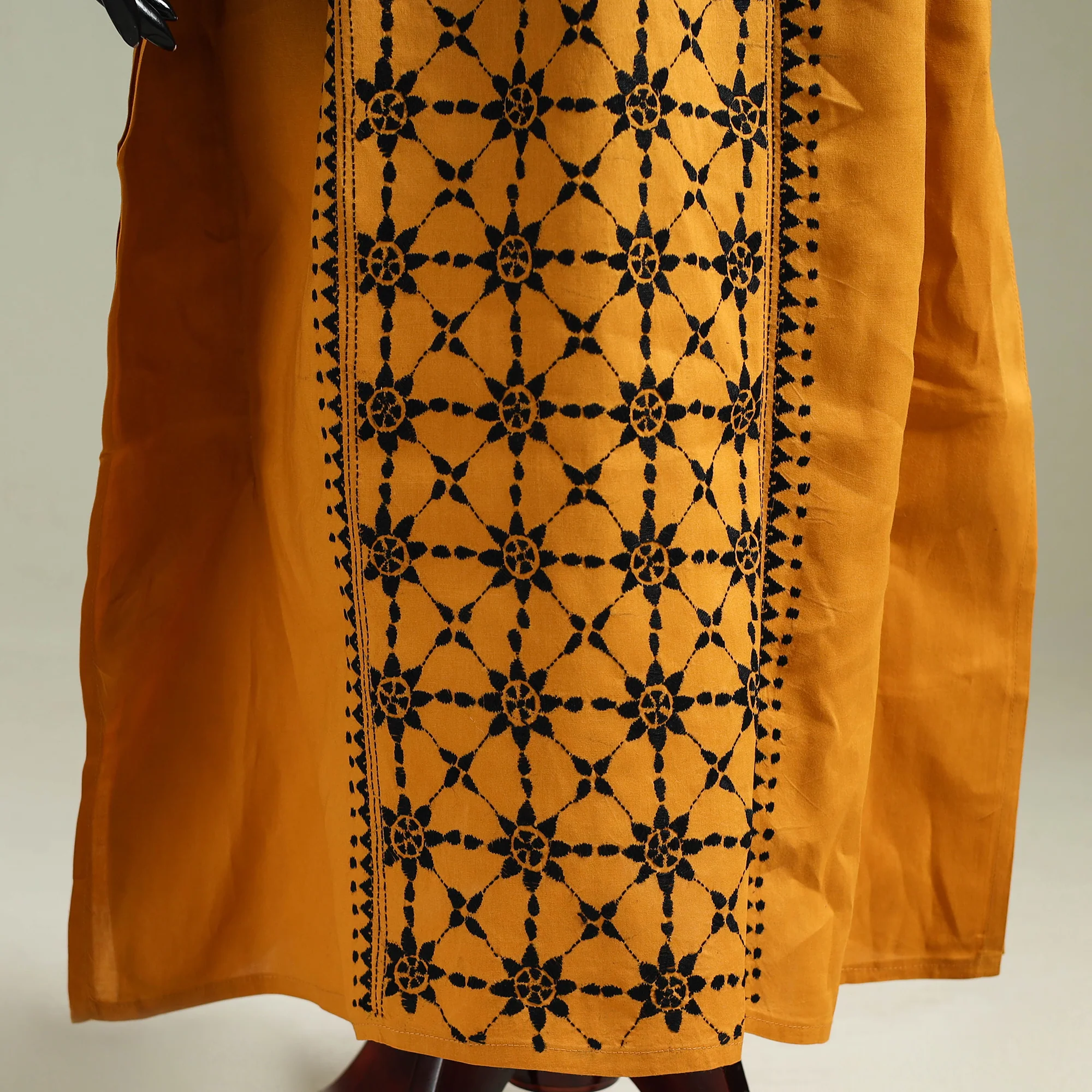 Yellow - Bengal Kantha Hand Embroidery Cotton Long Kaftan 37 - Image 4