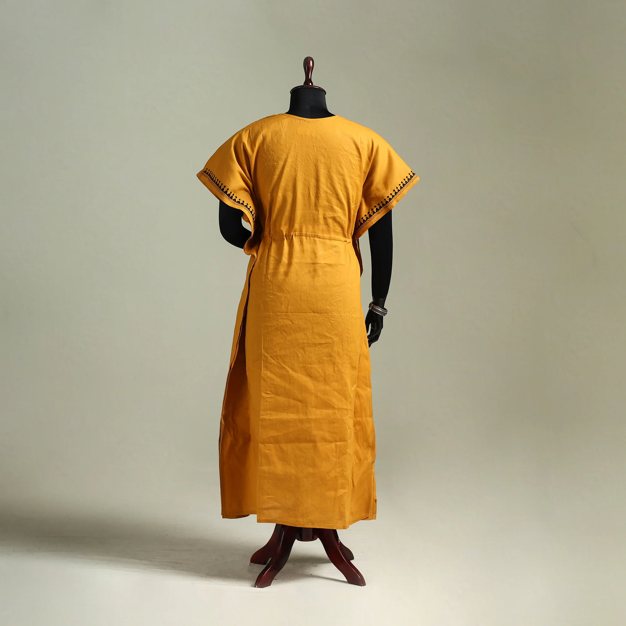 Yellow - Bengal Kantha Hand Embroidery Cotton Long Kaftan 37 - Image 5