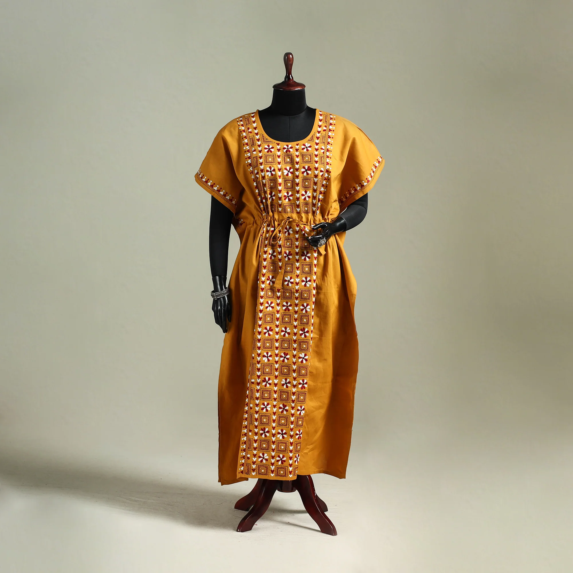 Yellow - Bengal Kantha Hand Embroidery Cotton Long Kaftan 38