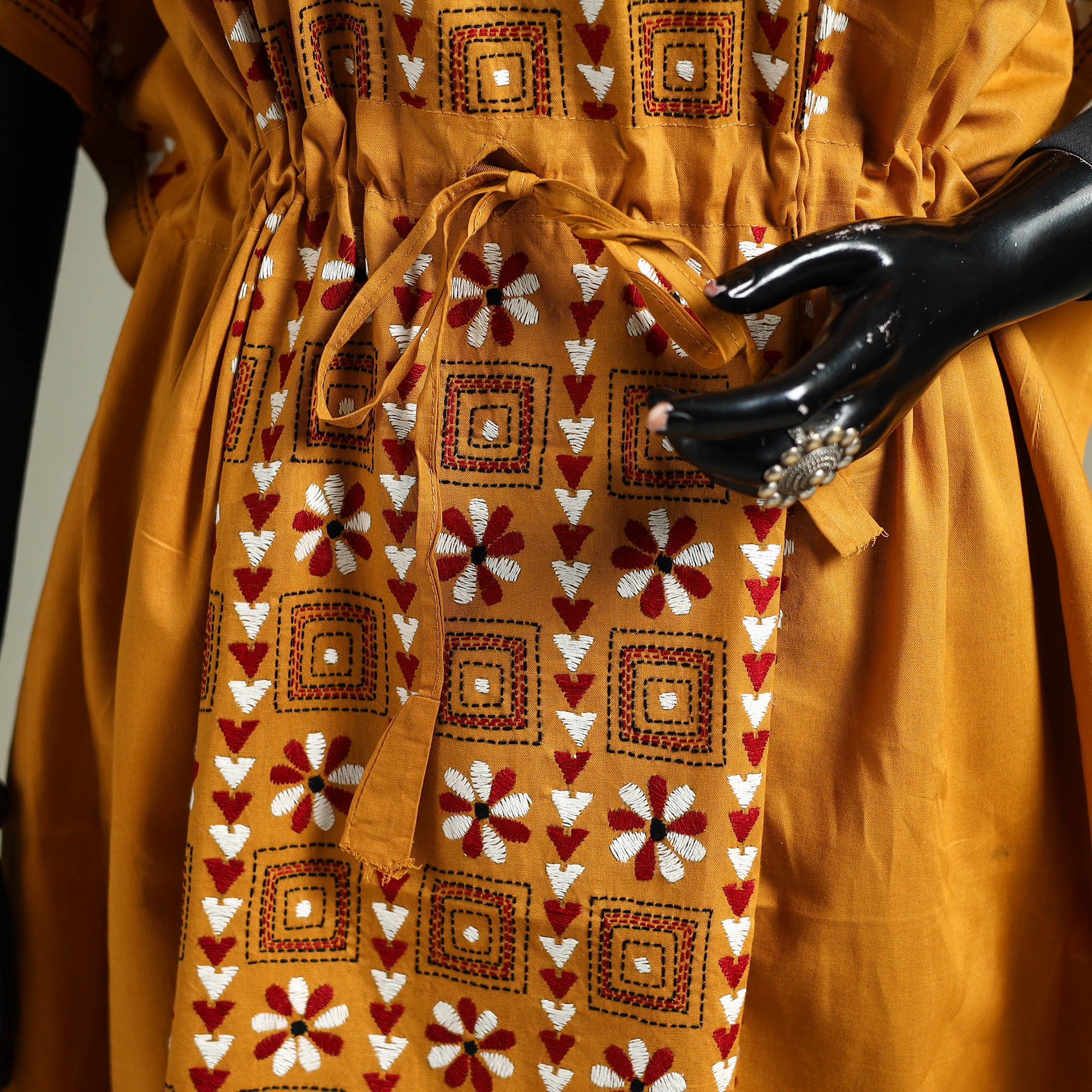 Yellow - Bengal Kantha Hand Embroidery Cotton Long Kaftan 38 - Image 3