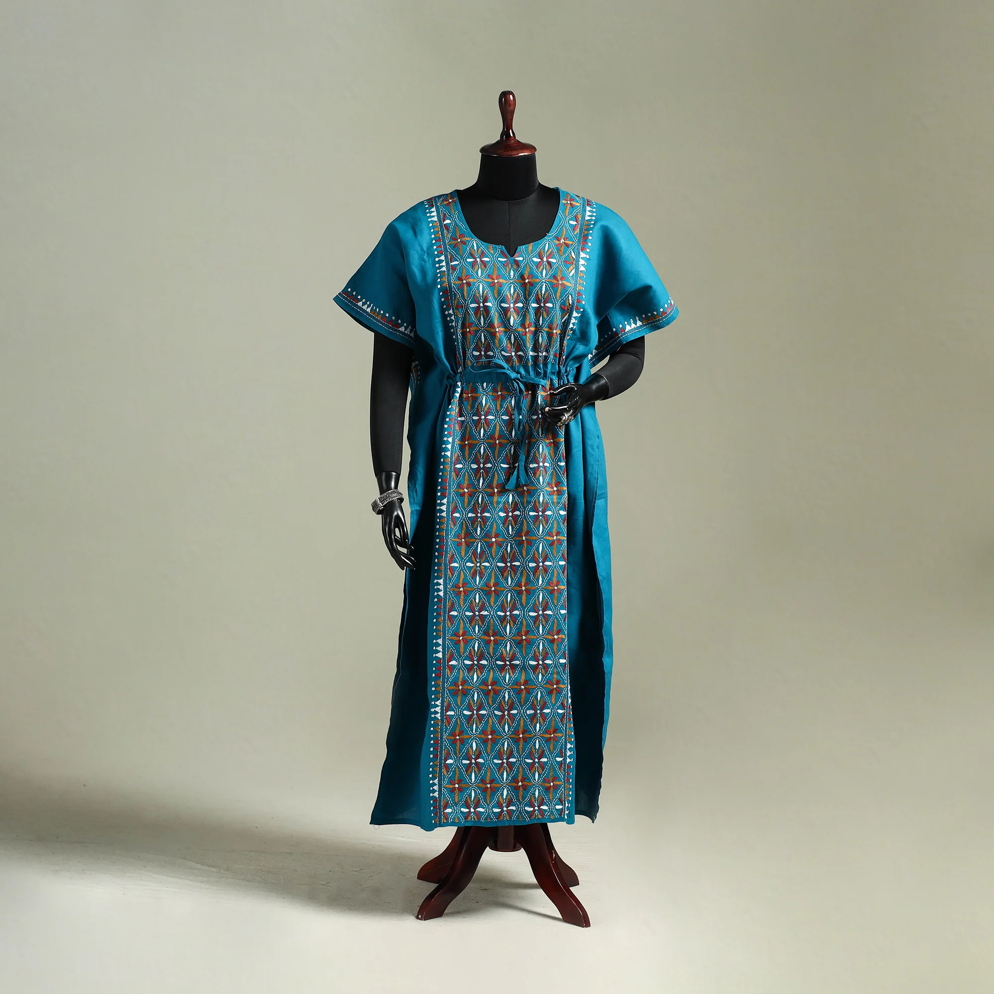 Blue - Bengal Kantha Hand Embroidery Cotton Long Kaftan 39
