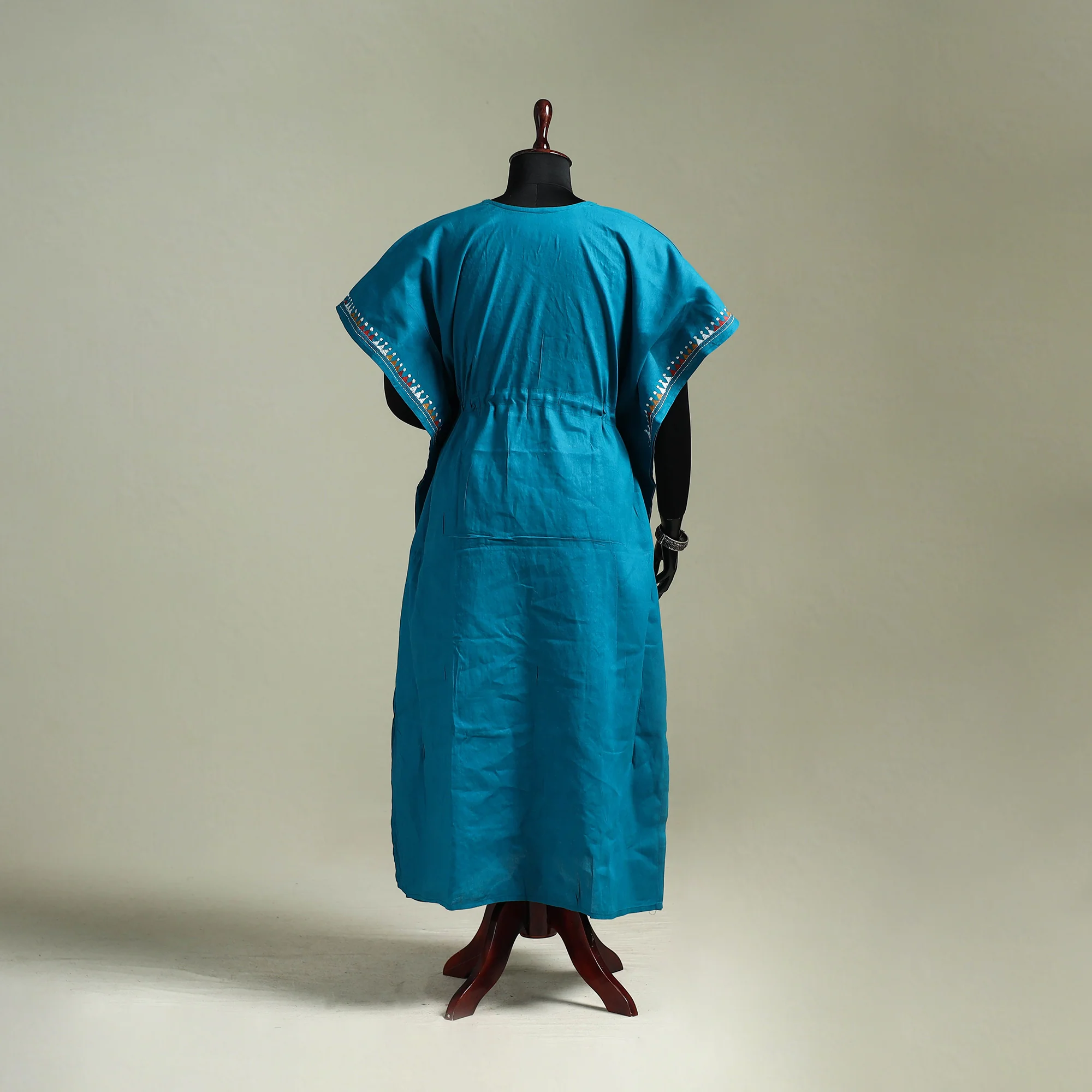 Blue - Bengal Kantha Hand Embroidery Cotton Long Kaftan 39 - Image 5