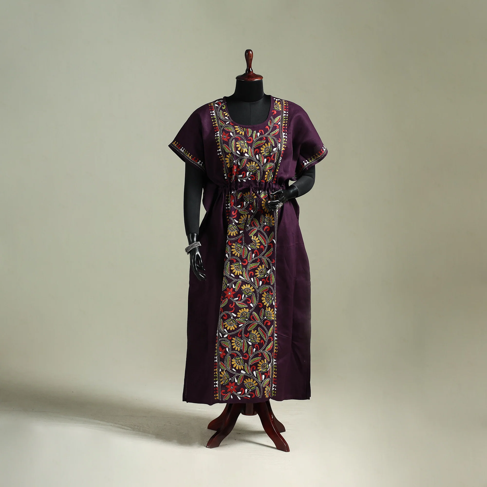 Purple - Bengal Kantha Hand Embroidery Cotton Long Kaftan 40